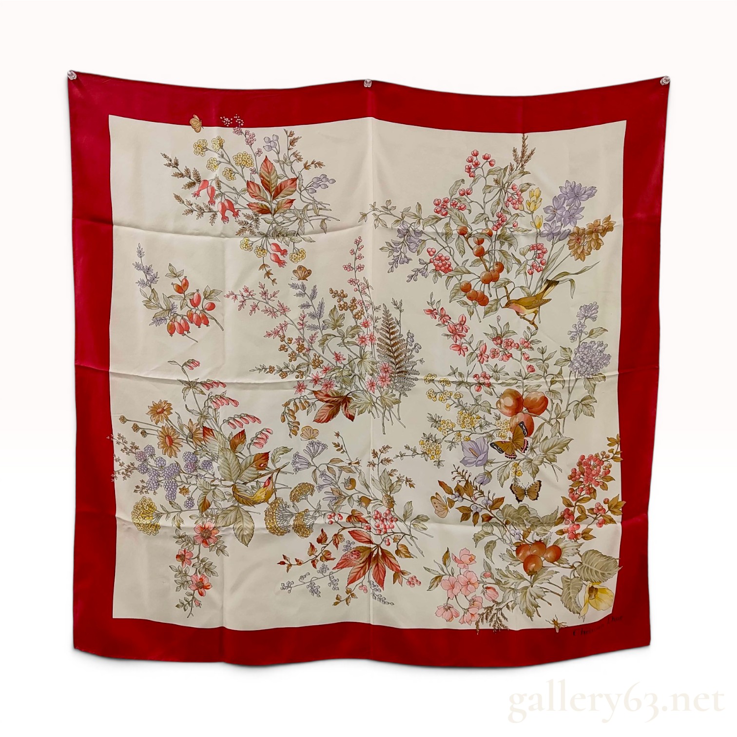 Christian Dior Floral and Wildlife Motif Silk Scarf with Red Border
