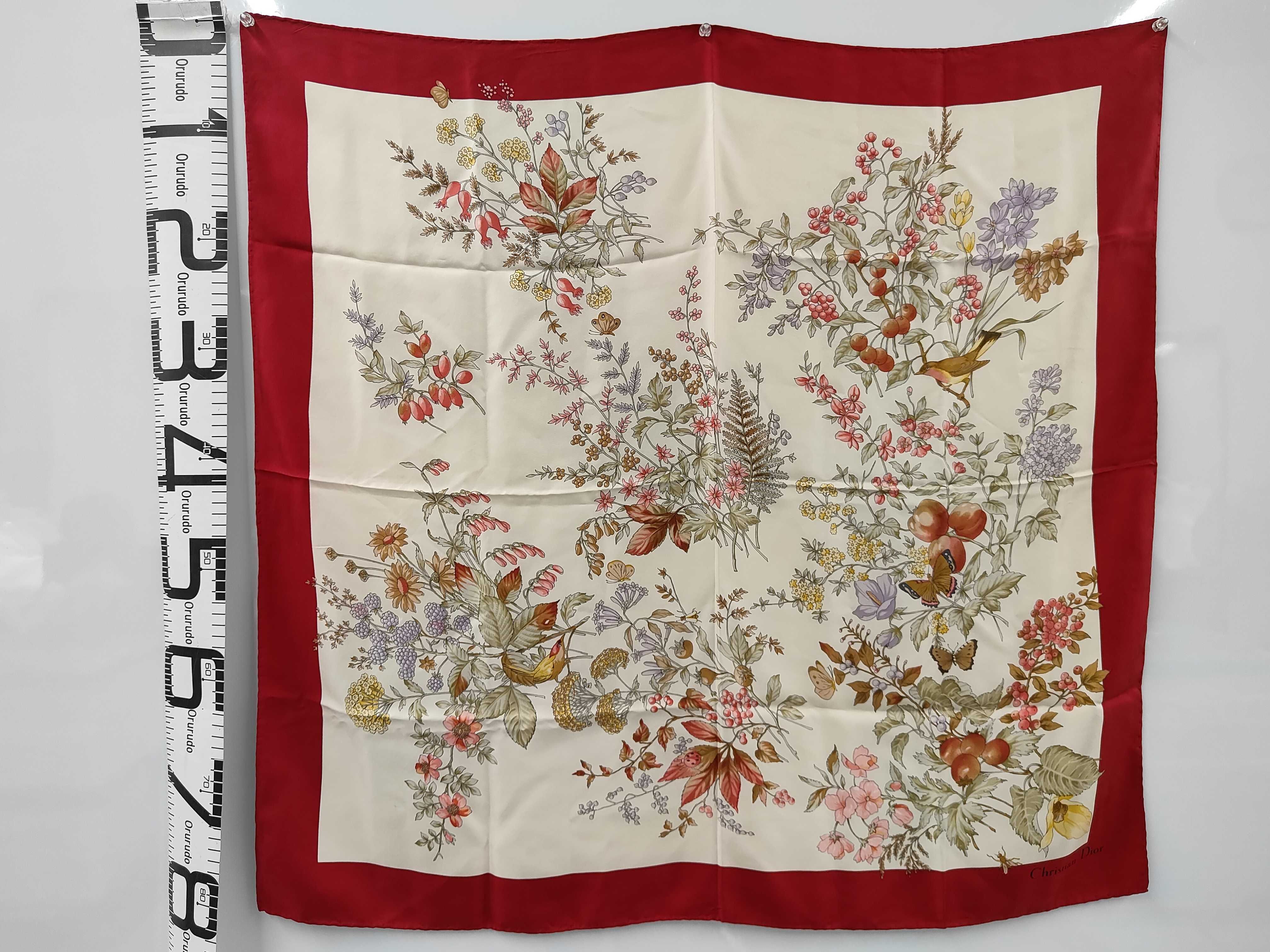 Christian Dior Floral and Wildlife Motif Silk Scarf with Red Border