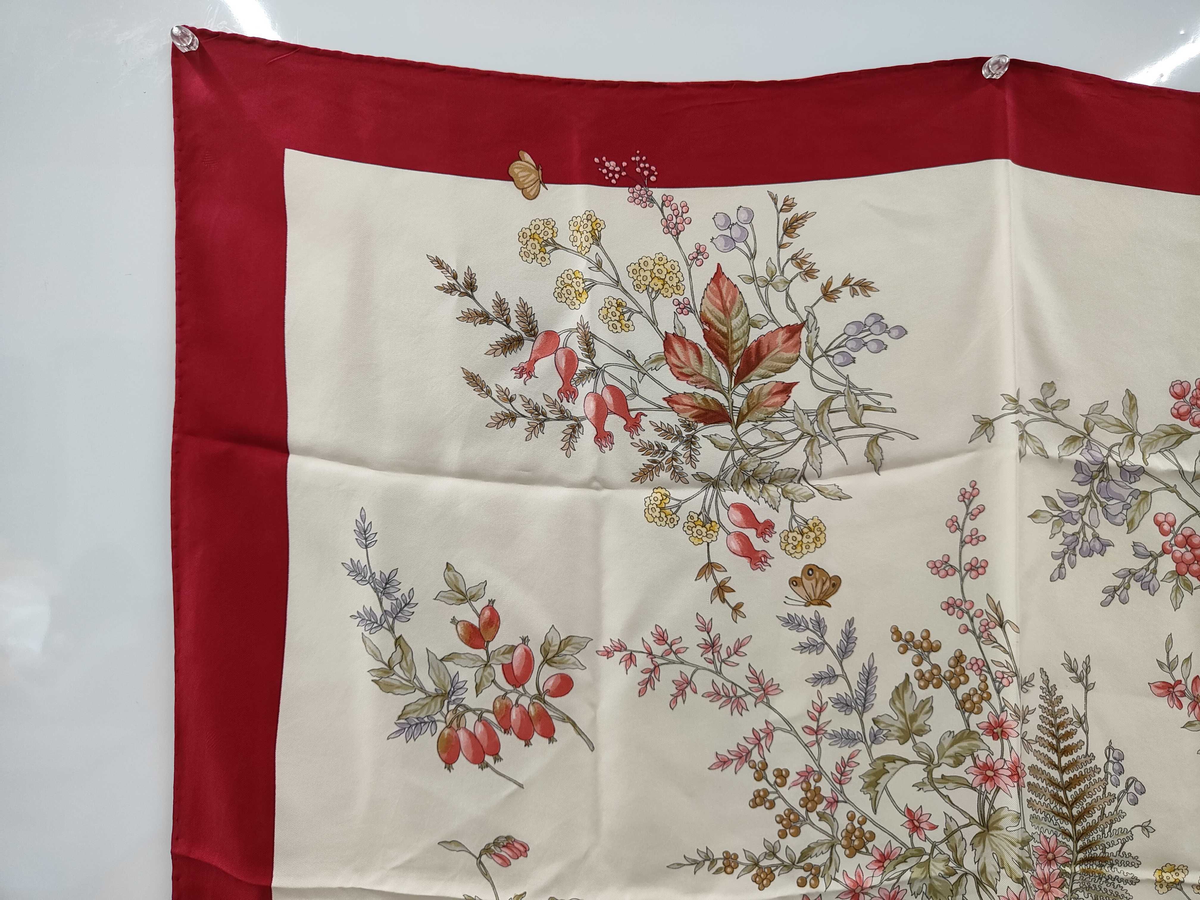 Christian Dior Floral and Wildlife Motif Silk Scarf with Red Border