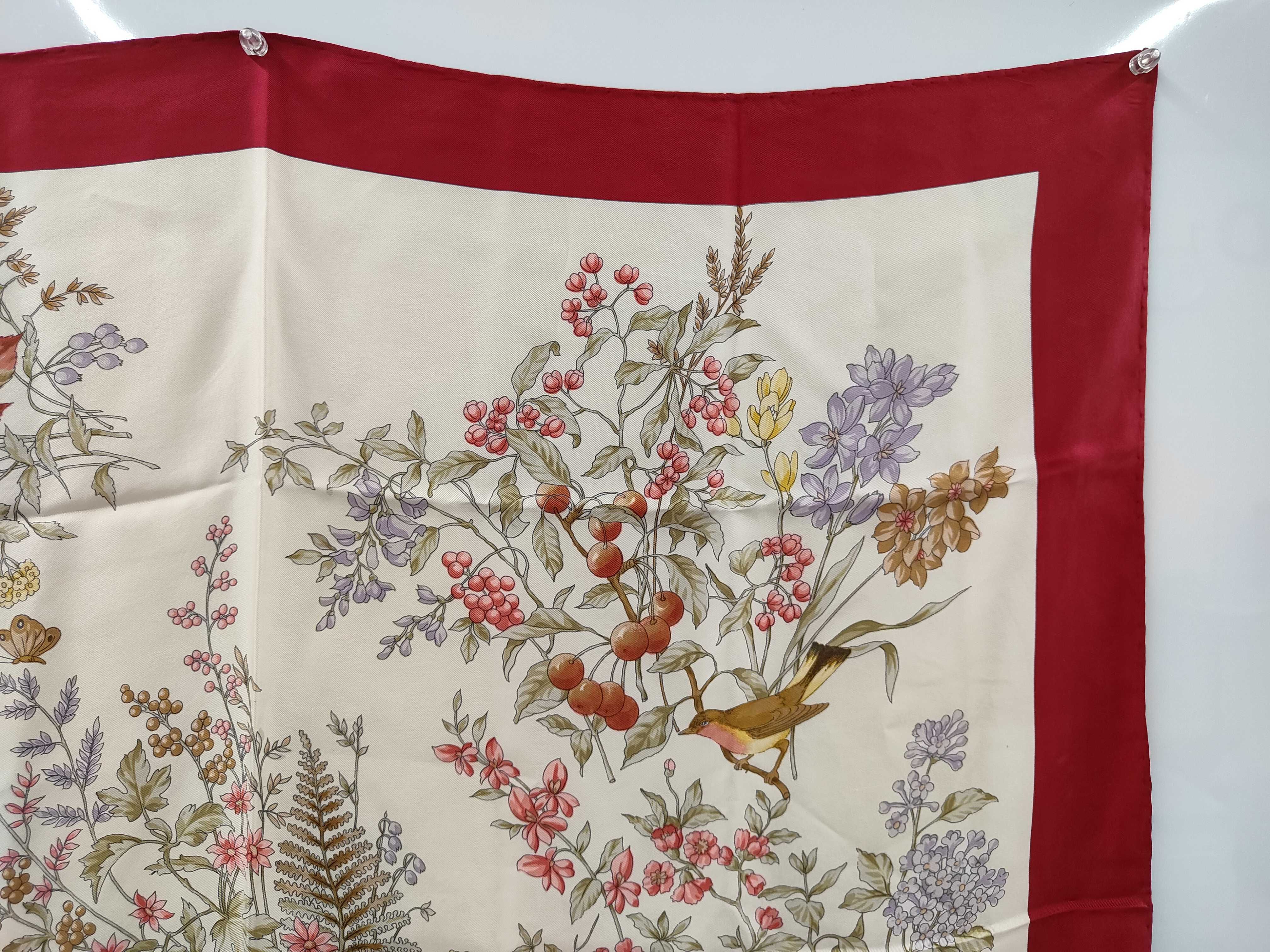 Christian Dior Floral and Wildlife Motif Silk Scarf with Red Border