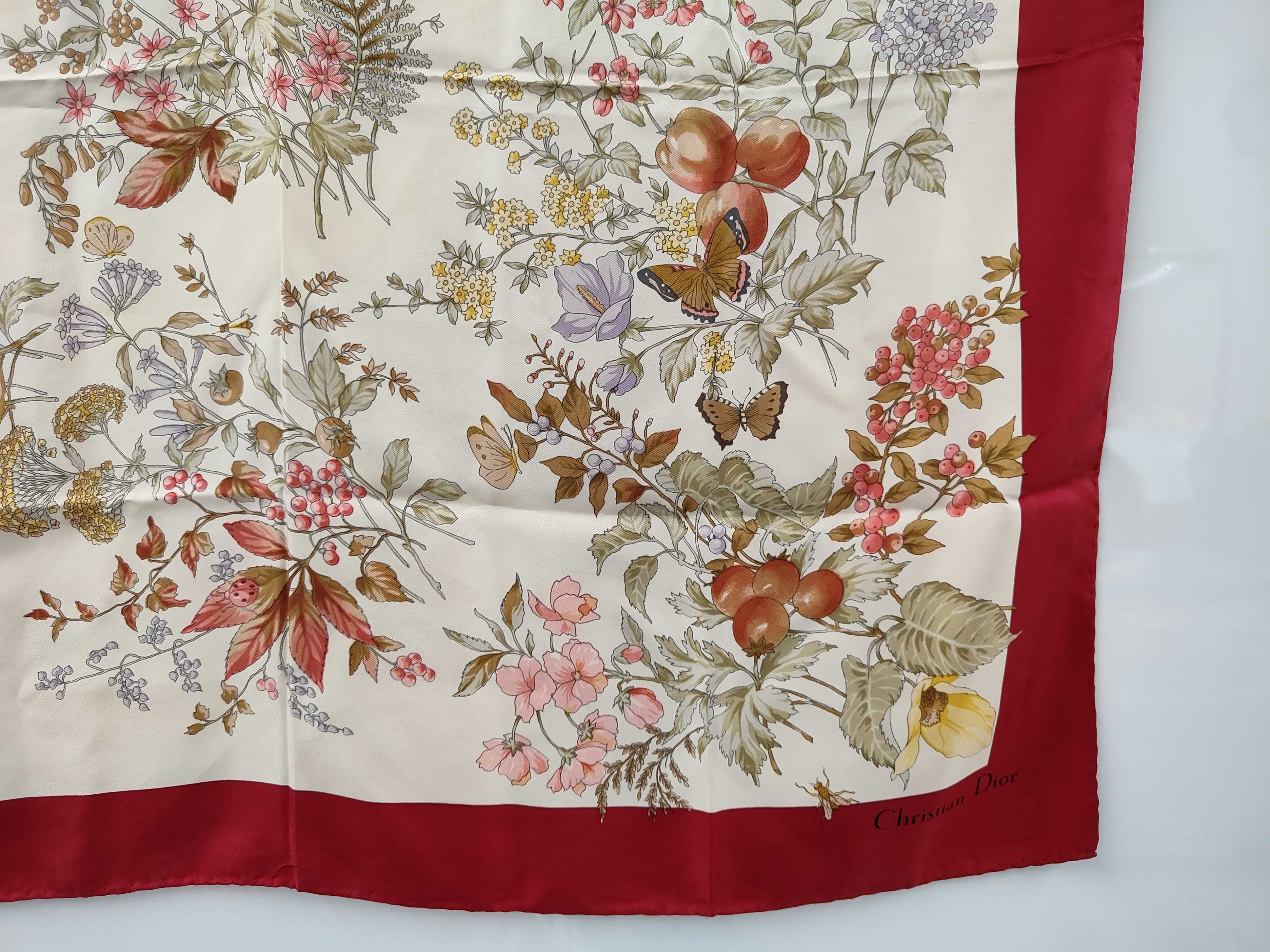 Christian Dior Floral and Wildlife Motif Silk Scarf with Red Border