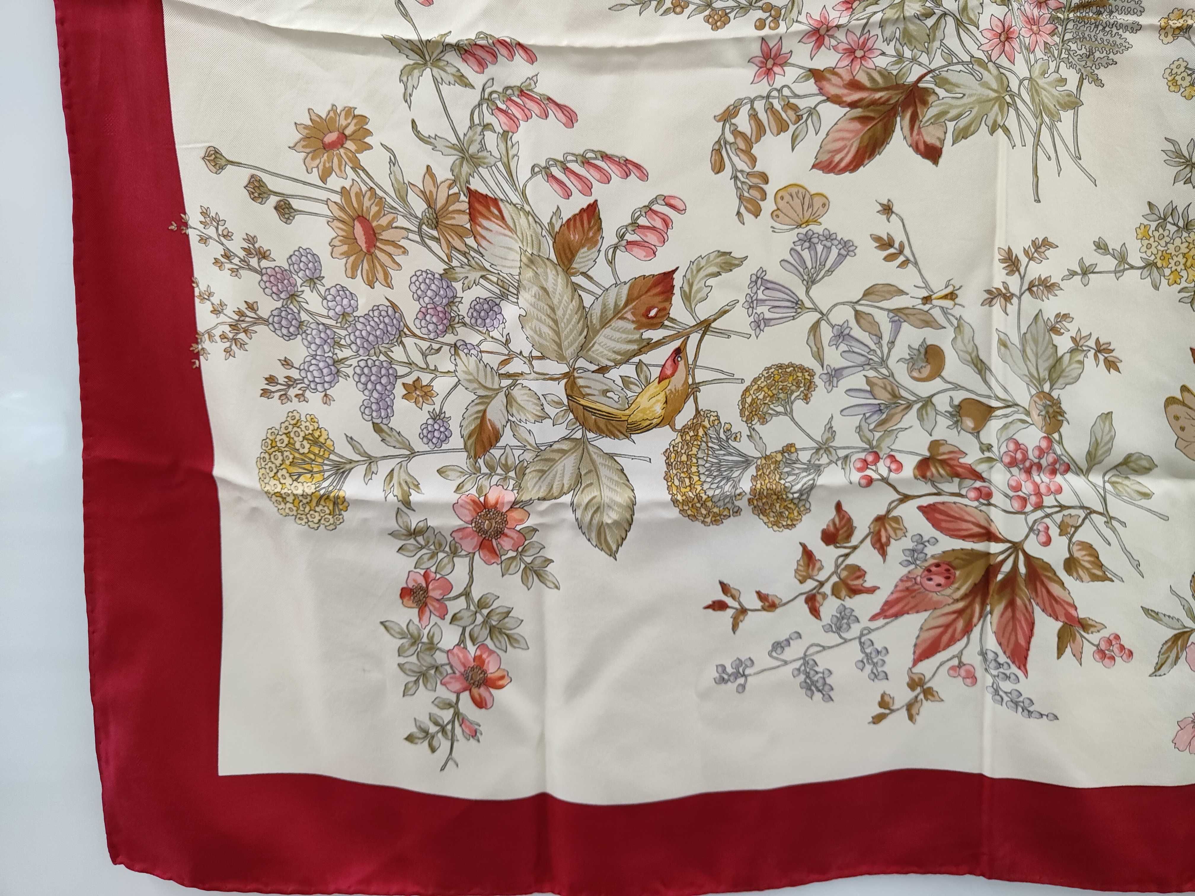 Christian Dior Floral and Wildlife Motif Silk Scarf with Red Border
