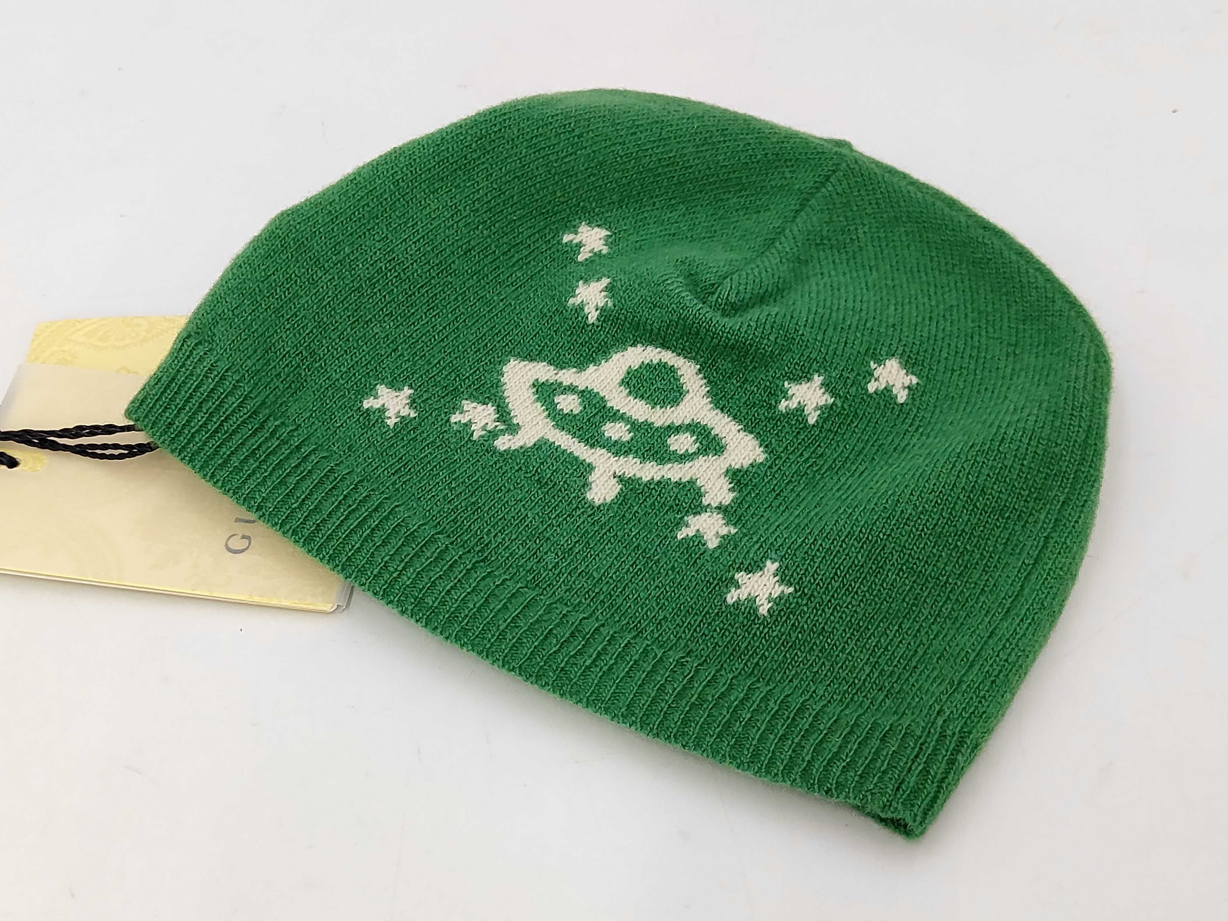 Gucci Kids GG UFO Motif Green Wool Knit Beanie Hat
