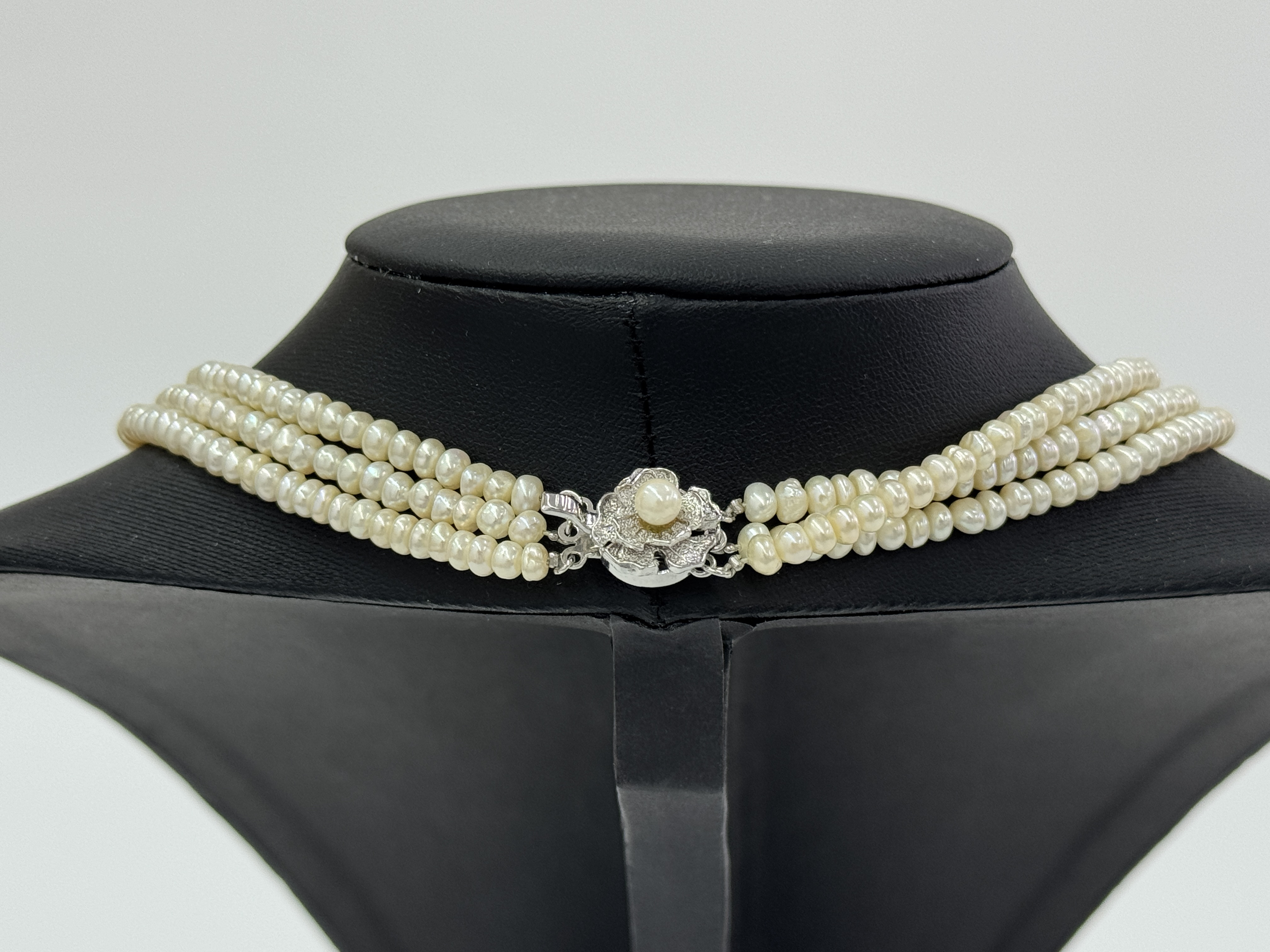 Triple-Strand Cultured Freshwater Pearl Necklace with Silver Clasp