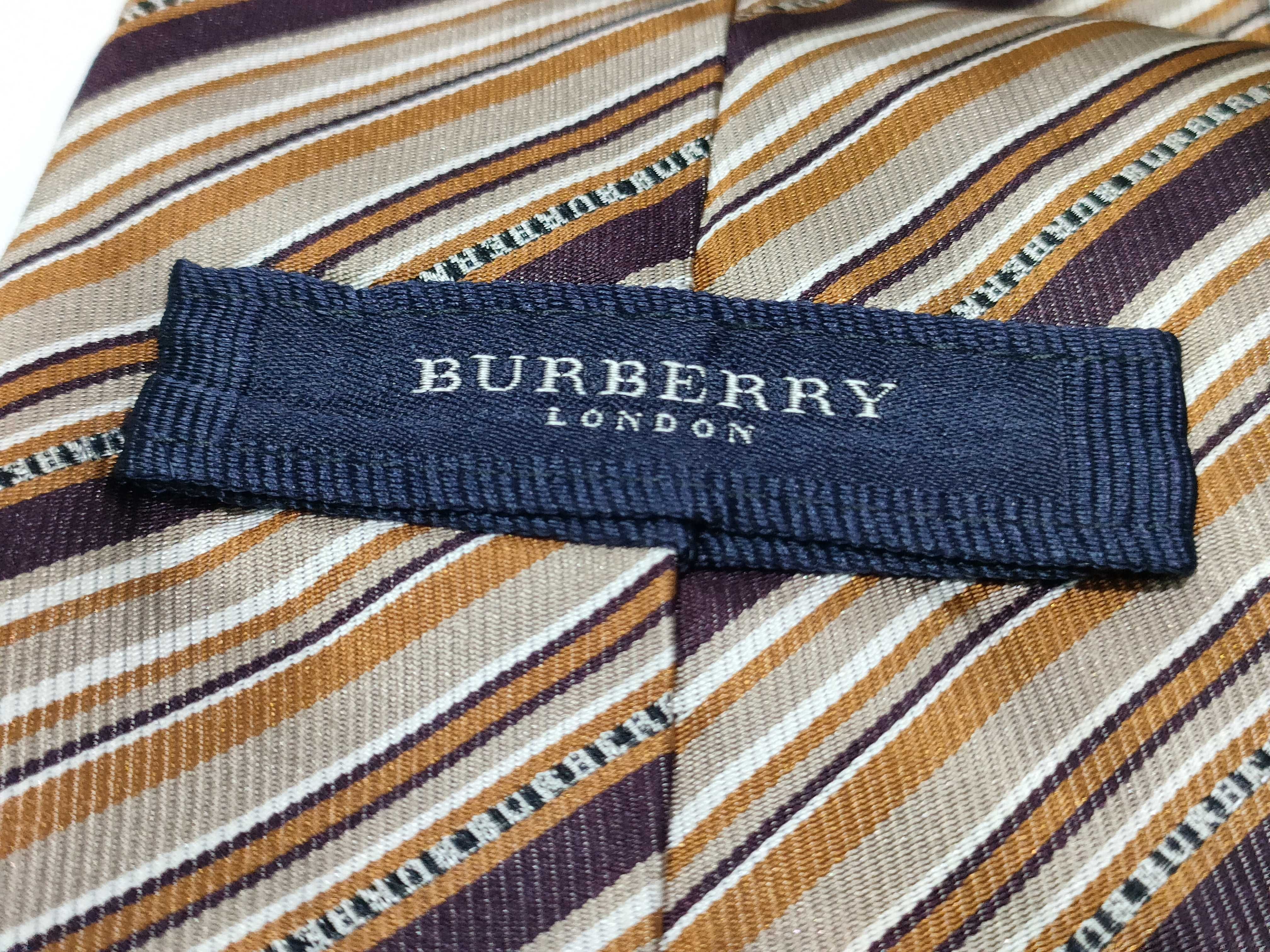 Burberry London Men Silk Striped Necktie in Plum and Tan