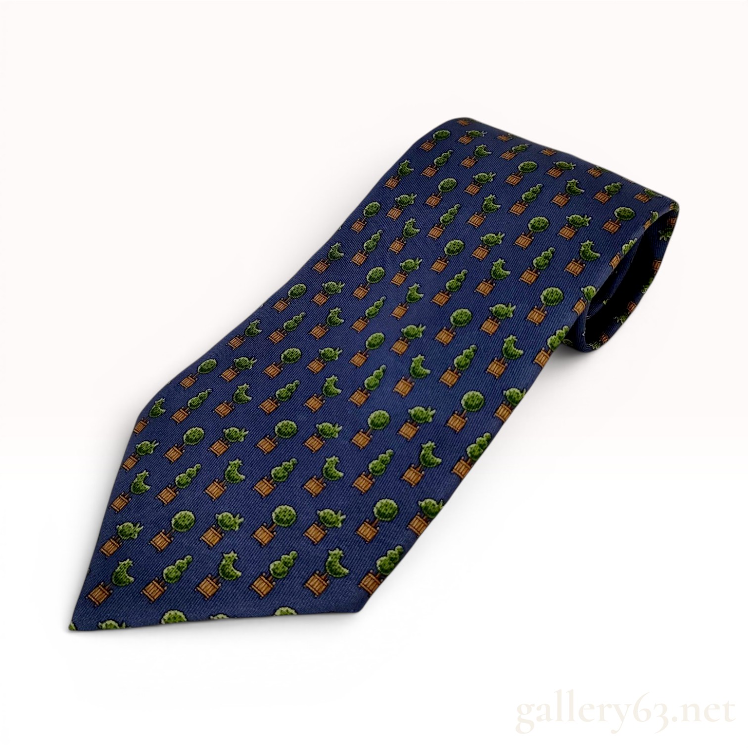 Hermes Navy Blue Silk Topiary Motif Necktie Pattern 5240 SA