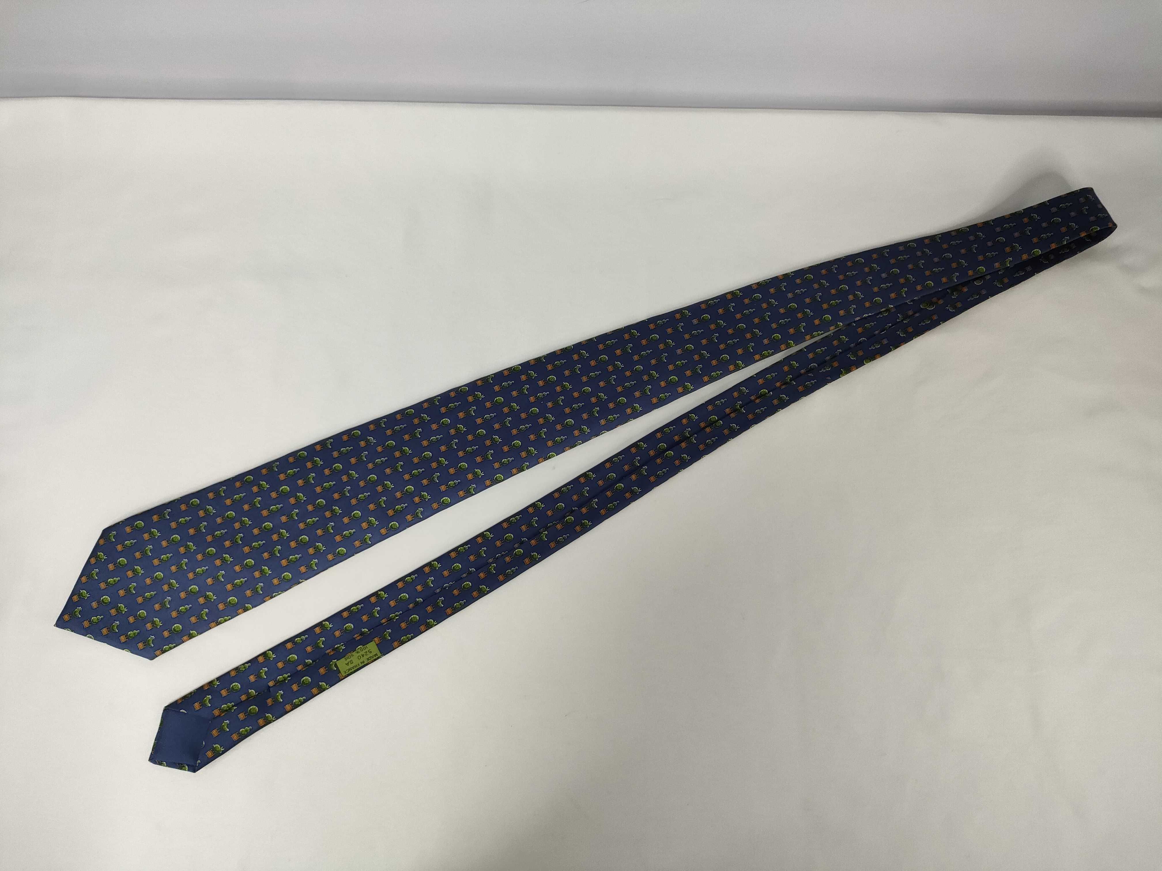Hermes Navy Blue Silk Topiary Motif Necktie Pattern 5240 SA