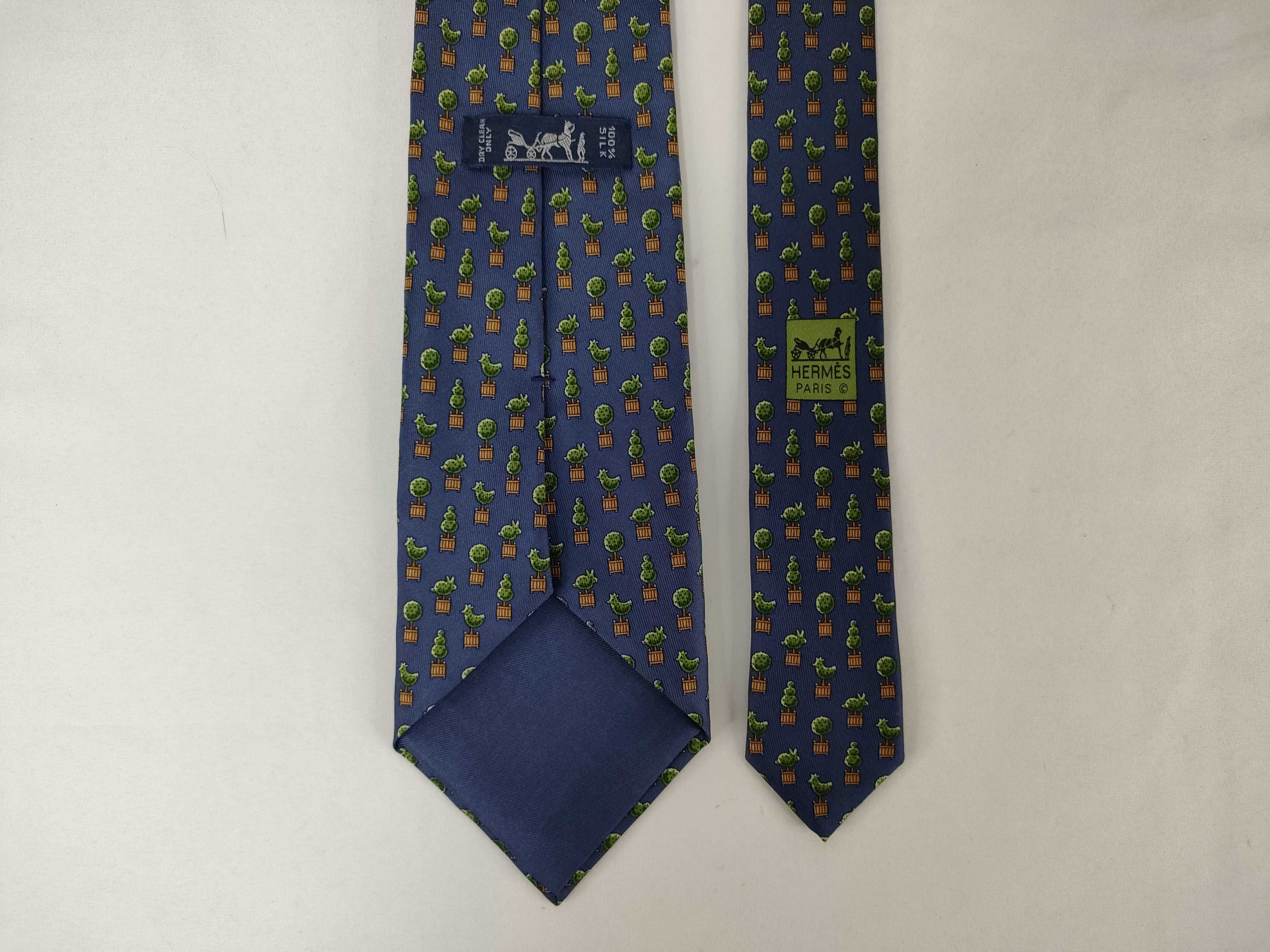 Hermes Navy Blue Silk Topiary Motif Necktie Pattern 5240 SA