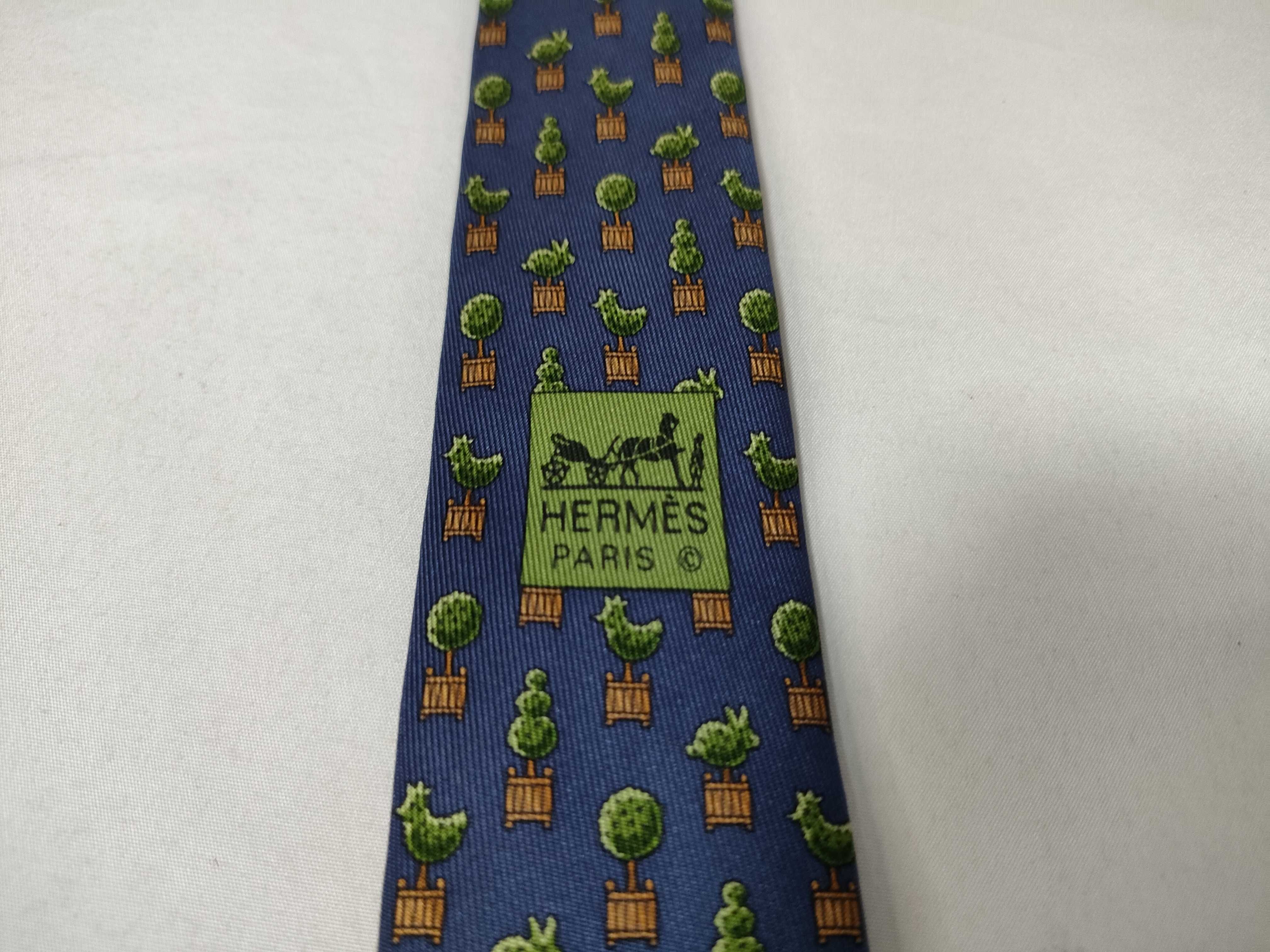 Hermes Navy Blue Silk Topiary Motif Necktie Pattern 5240 SA
