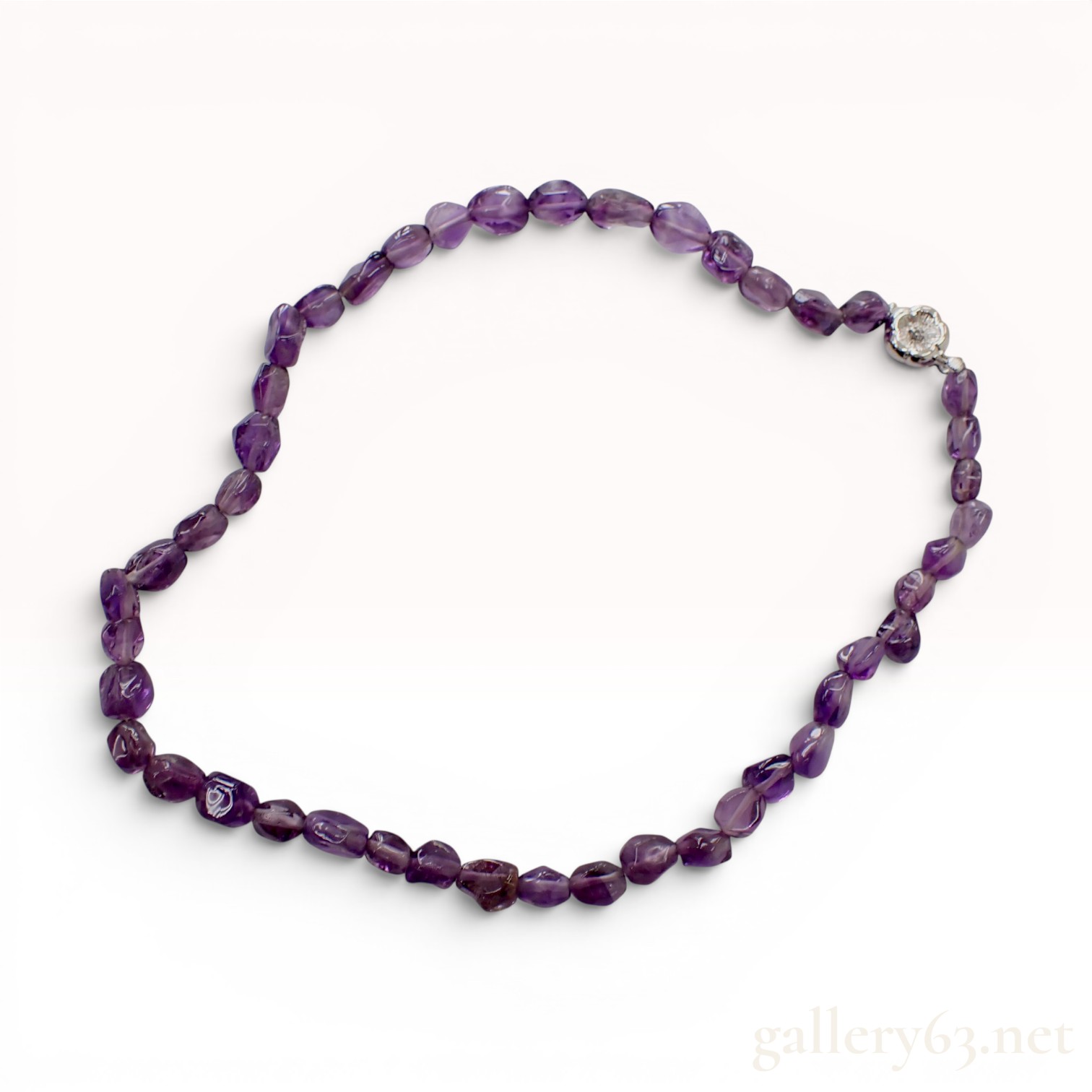 Natural Tumbled Amethyst Bead Necklace with Silver Floral Clasp