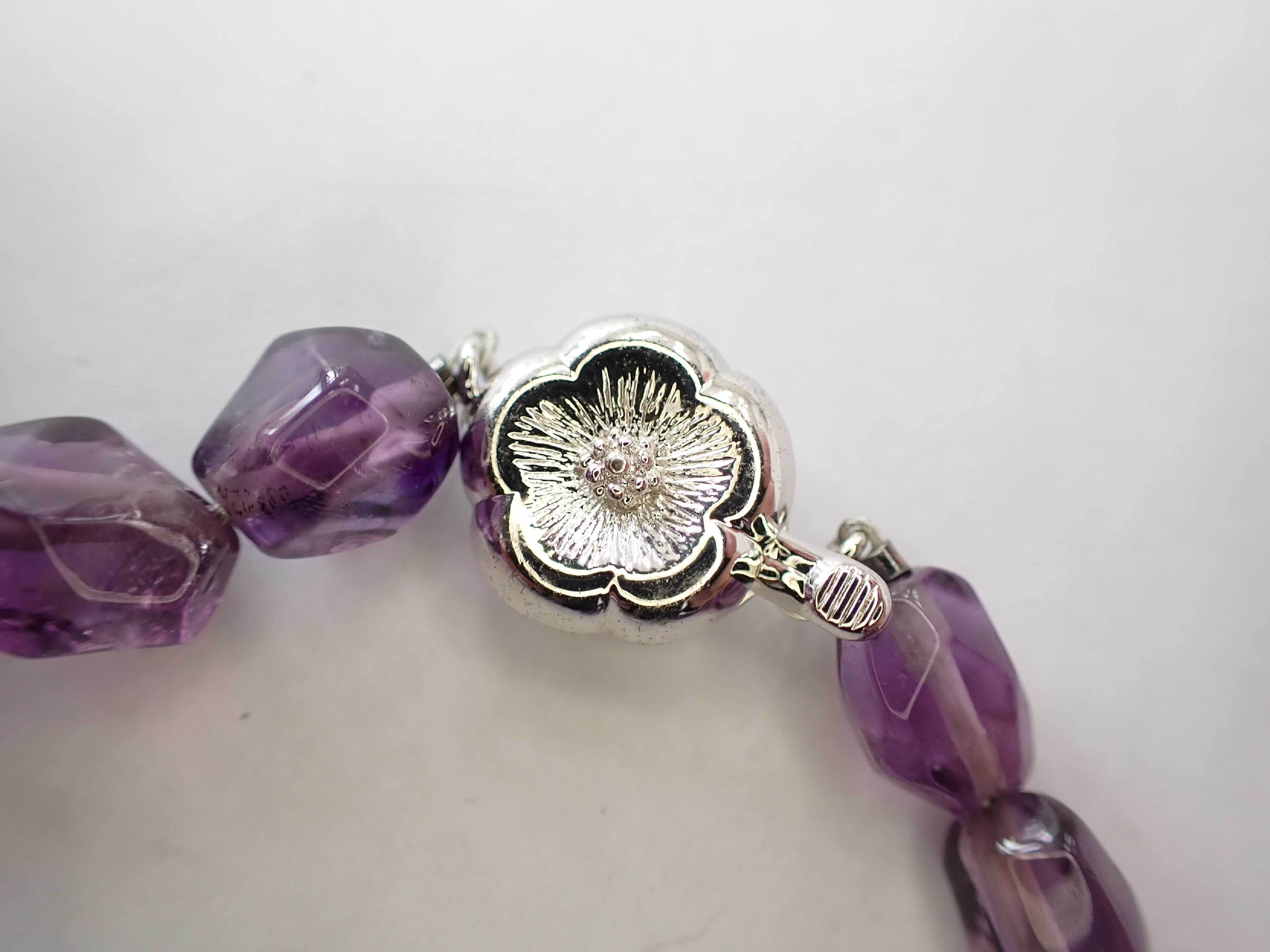 Natural Tumbled Amethyst Bead Necklace with Silver Floral Clasp