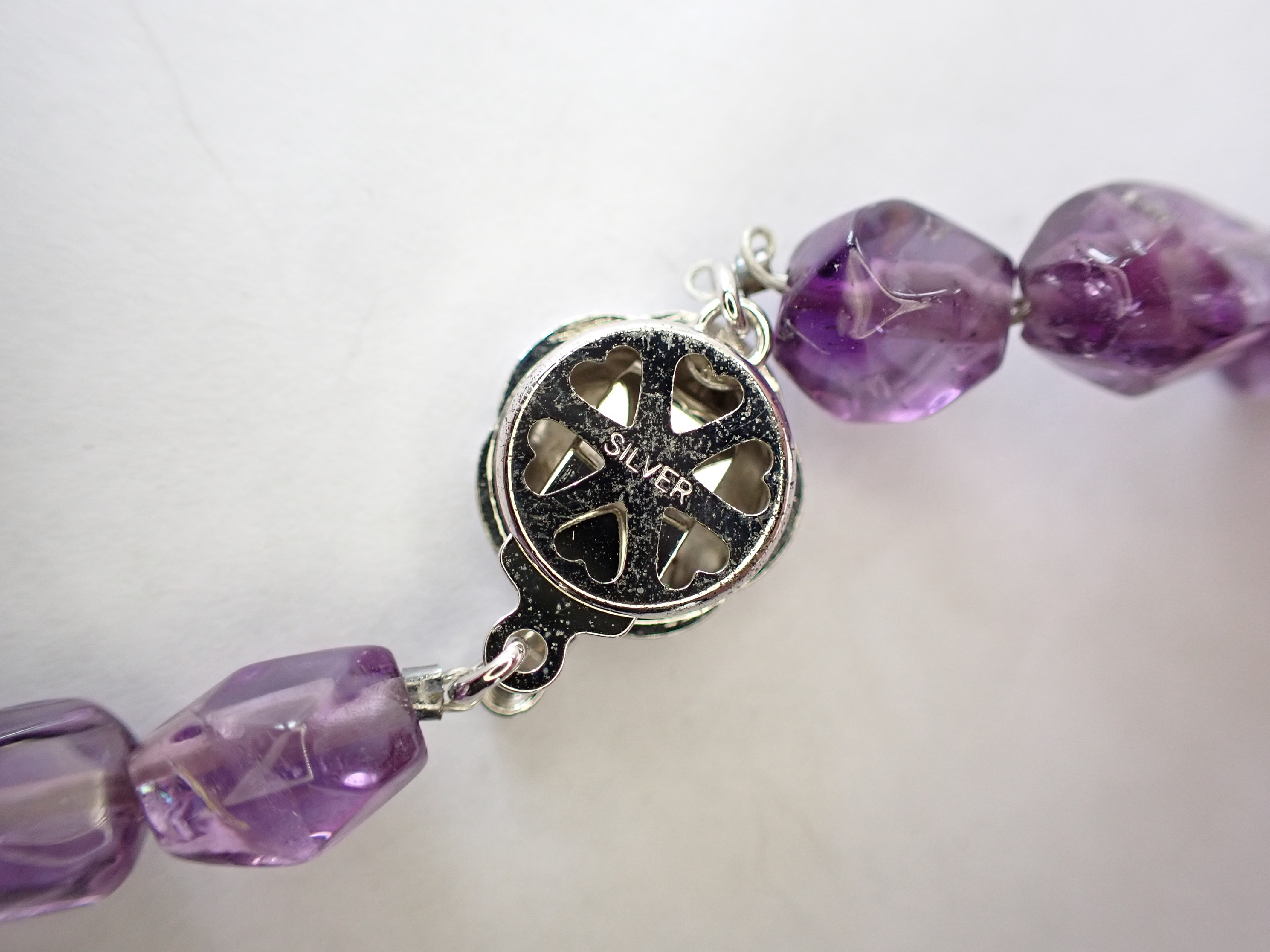 Natural Tumbled Amethyst Bead Necklace with Silver Floral Clasp