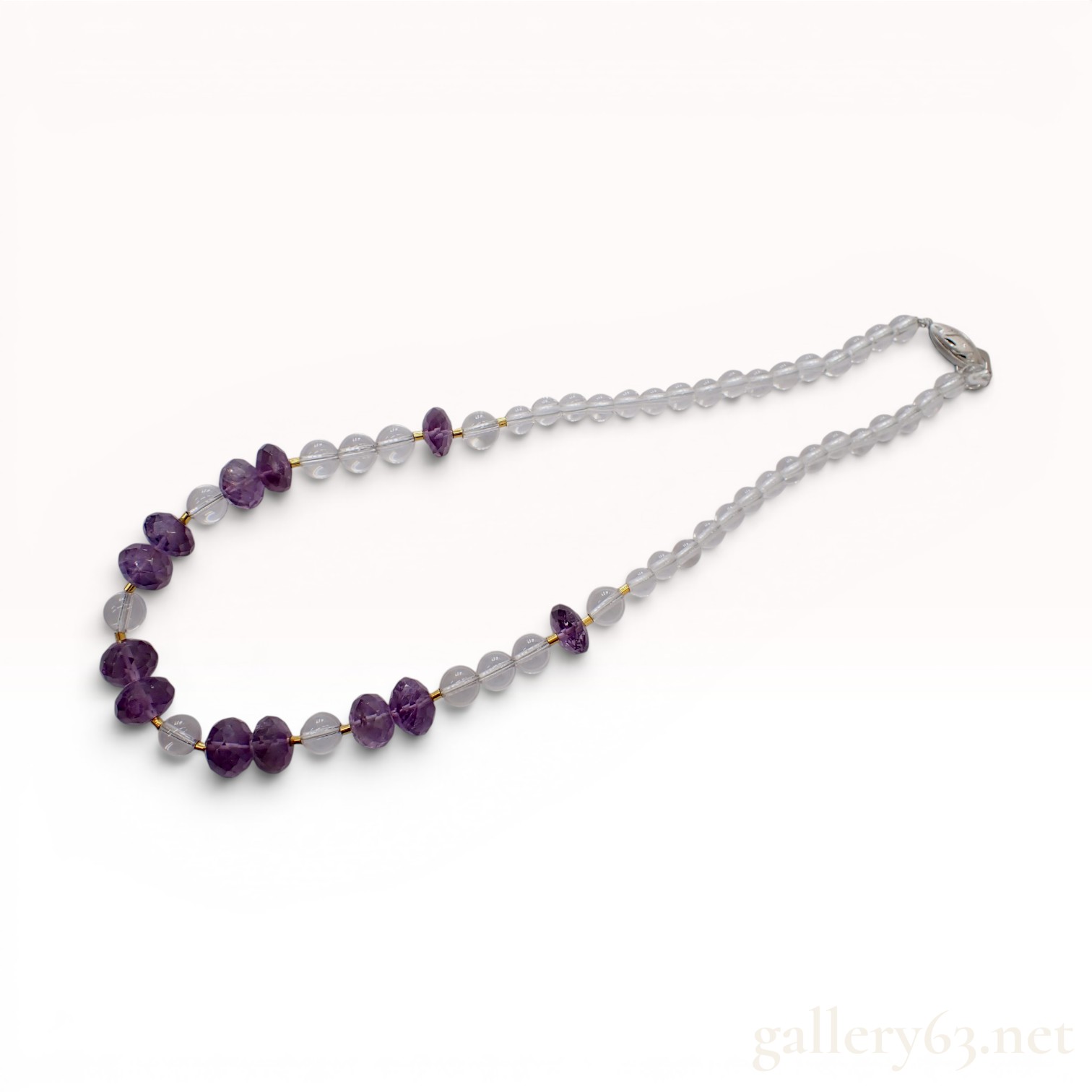 Amethyst and Rock Crystal Quartz Beaded Necklace with Silver Clasp