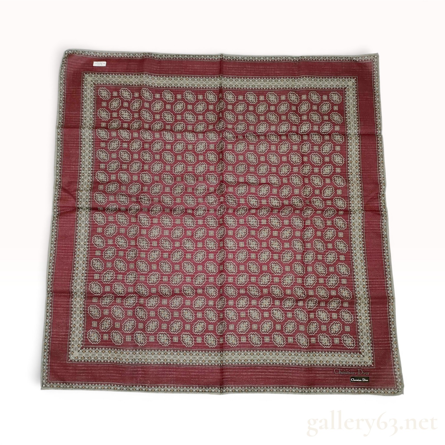 Christian Dior Maroon Cotton Square Scarf with Geometric Medallion Motif