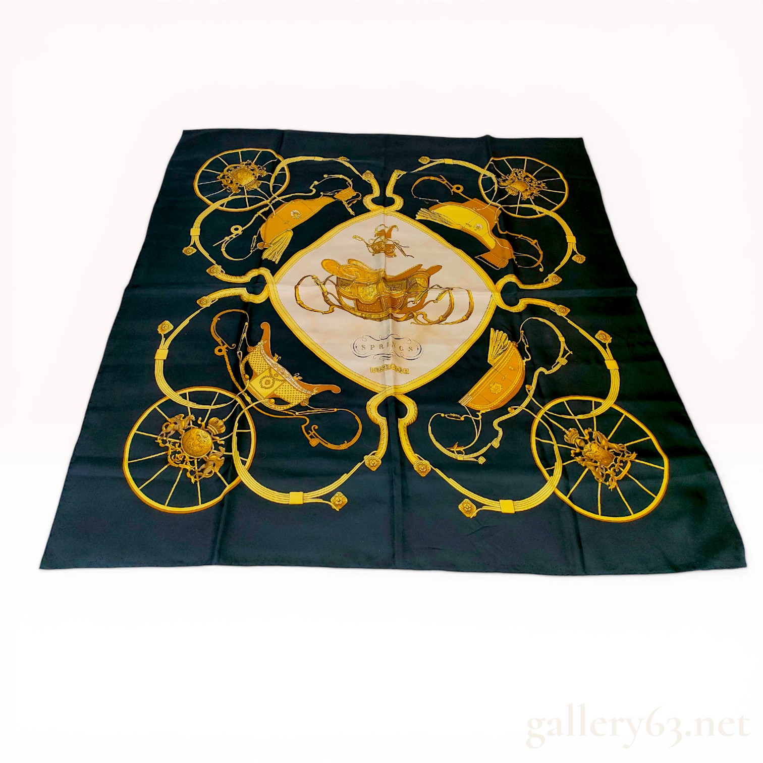 Hermes Black Silk Springs Pattern Scarf by Philippe Ledoux