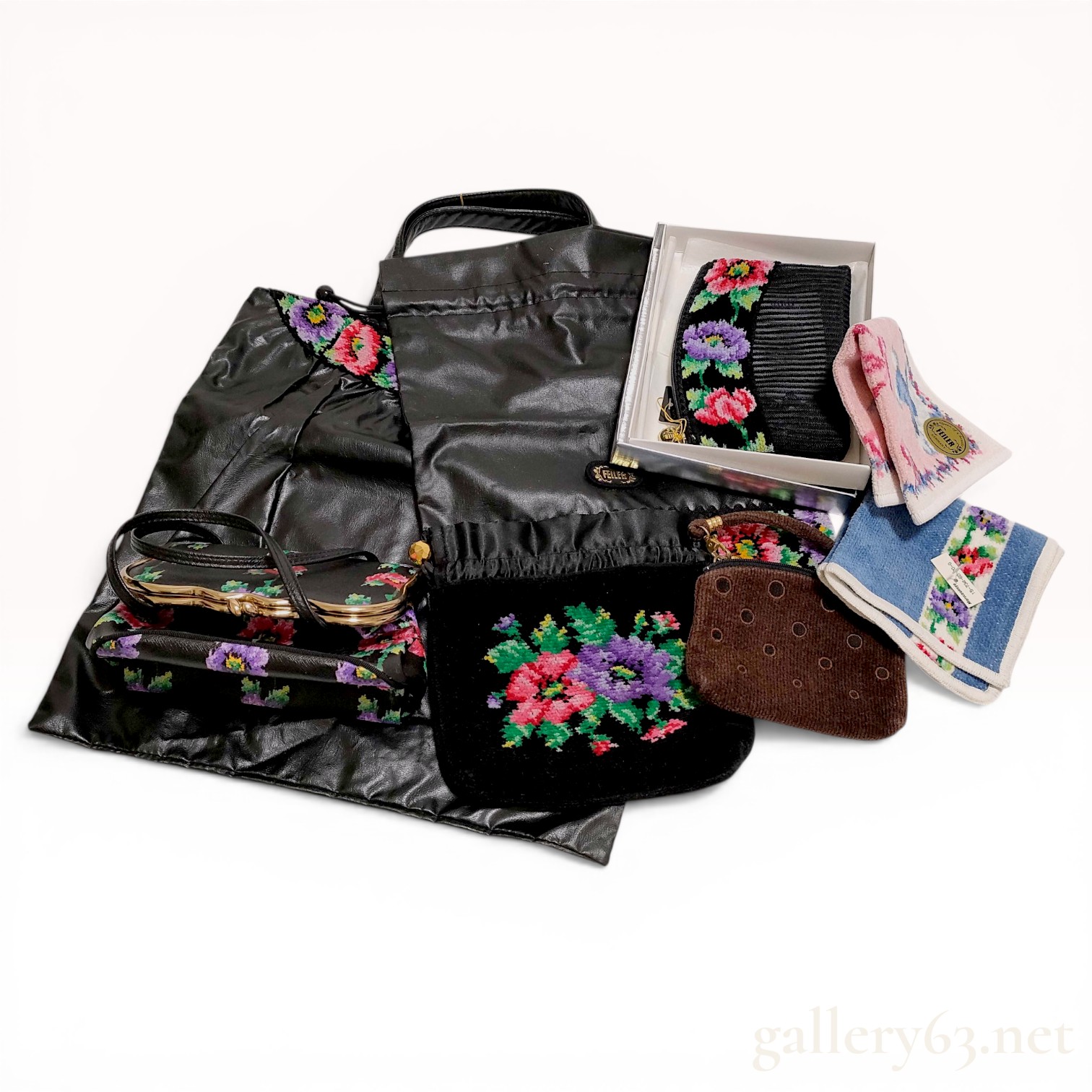 An Assortment of Feiler Chenille Bags, Pouches, and Hand Towels with Box