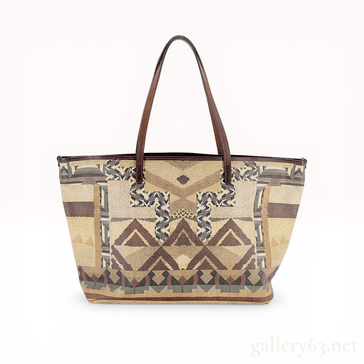 Southwestern Geometric Pattern Coated Canvas Tote Bag with Leather Trim