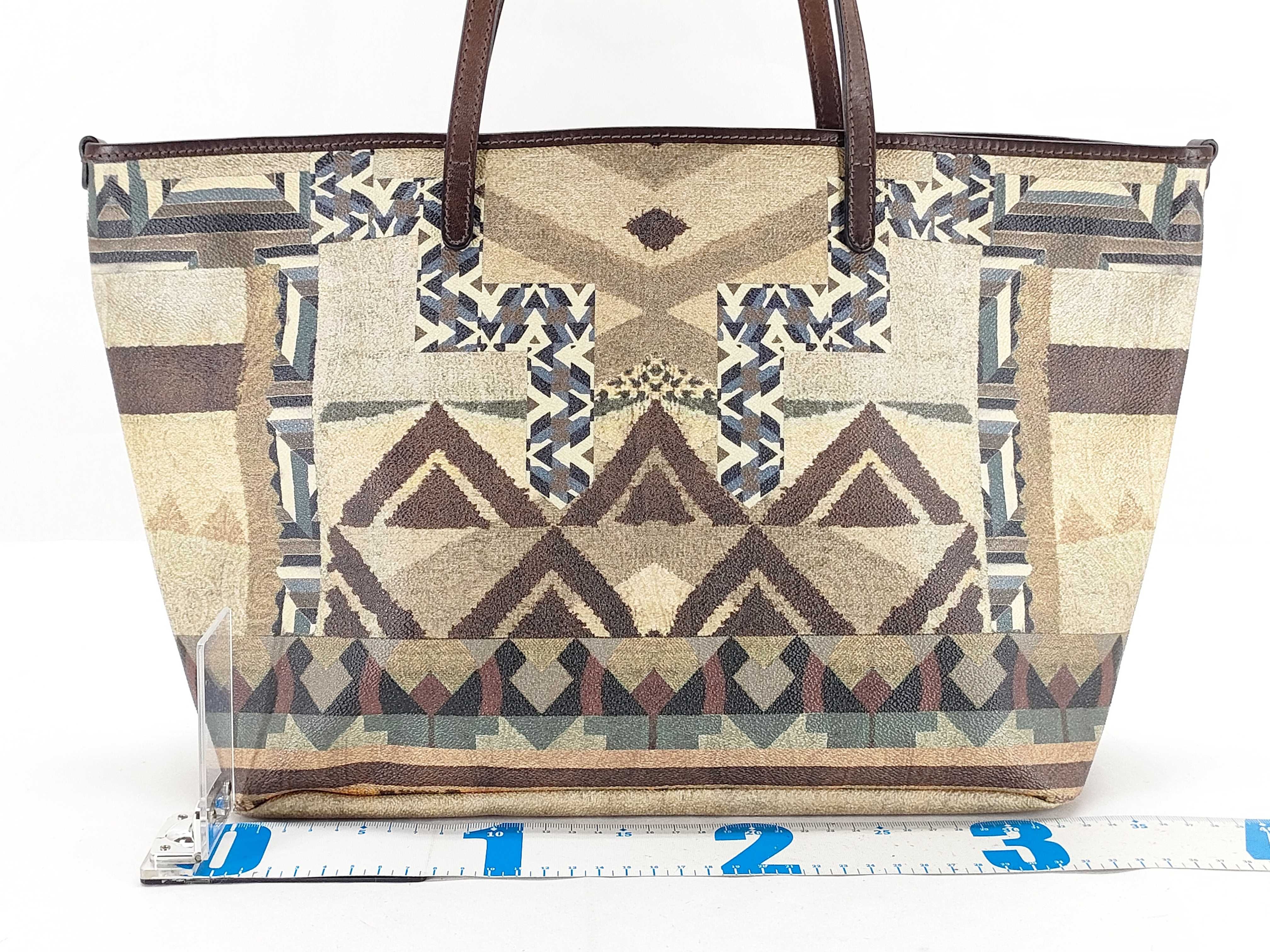 Southwestern Geometric Pattern Coated Canvas Tote Bag with Leather Trim