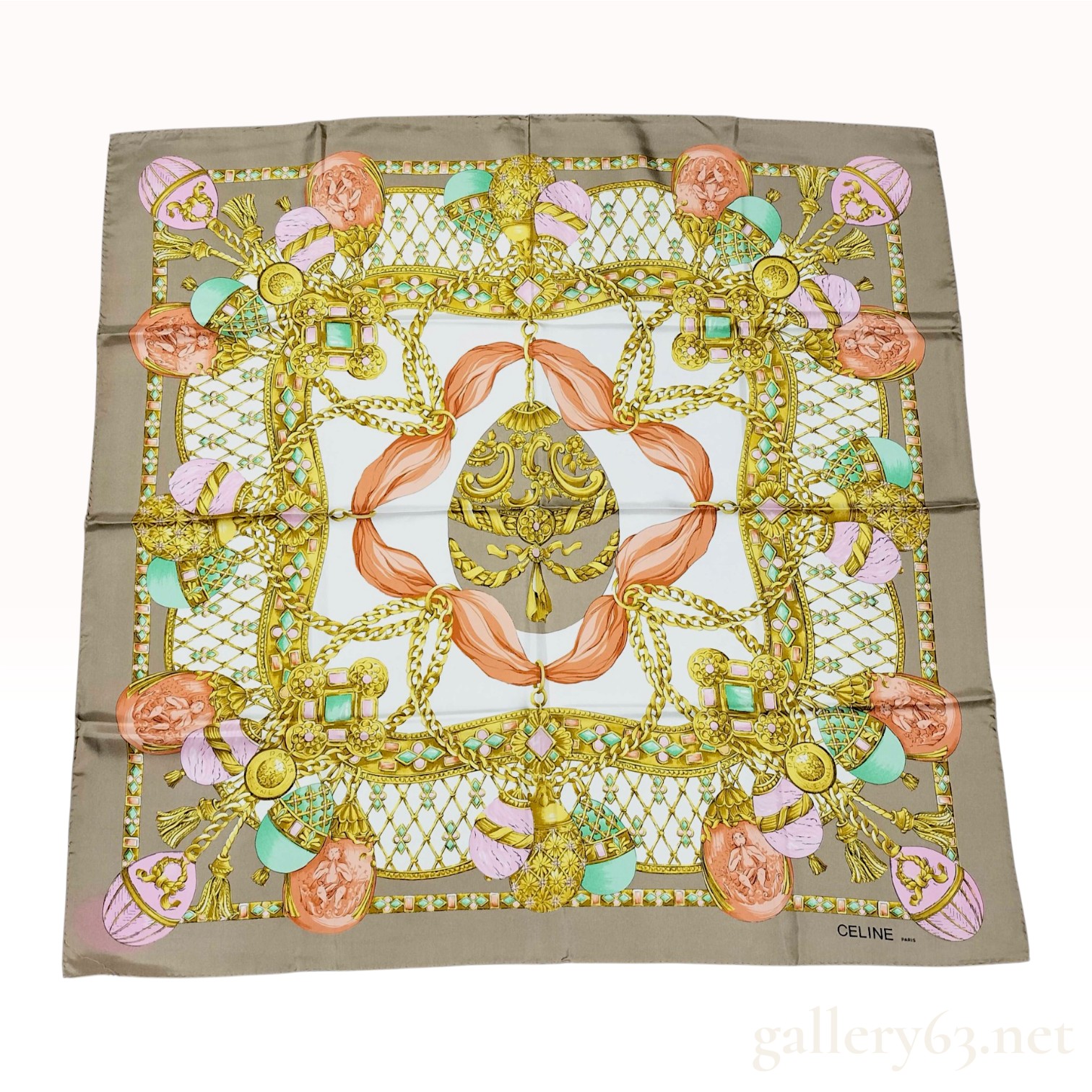 Vintage Celine Paris Silk Scarf with Jeweled Egg and Ribbon Motif
