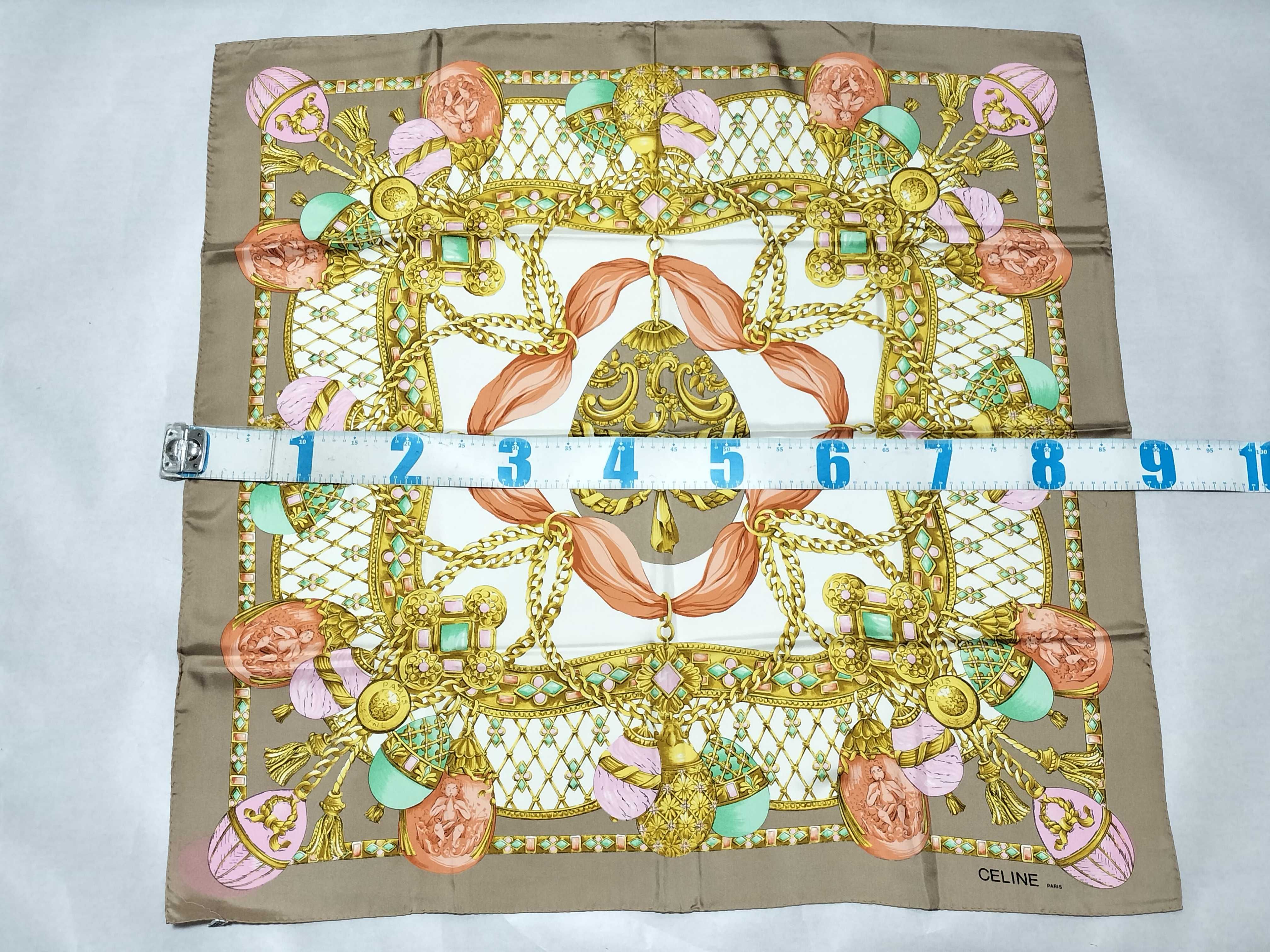 Vintage Celine Paris Silk Scarf with Jeweled Egg and Ribbon Motif