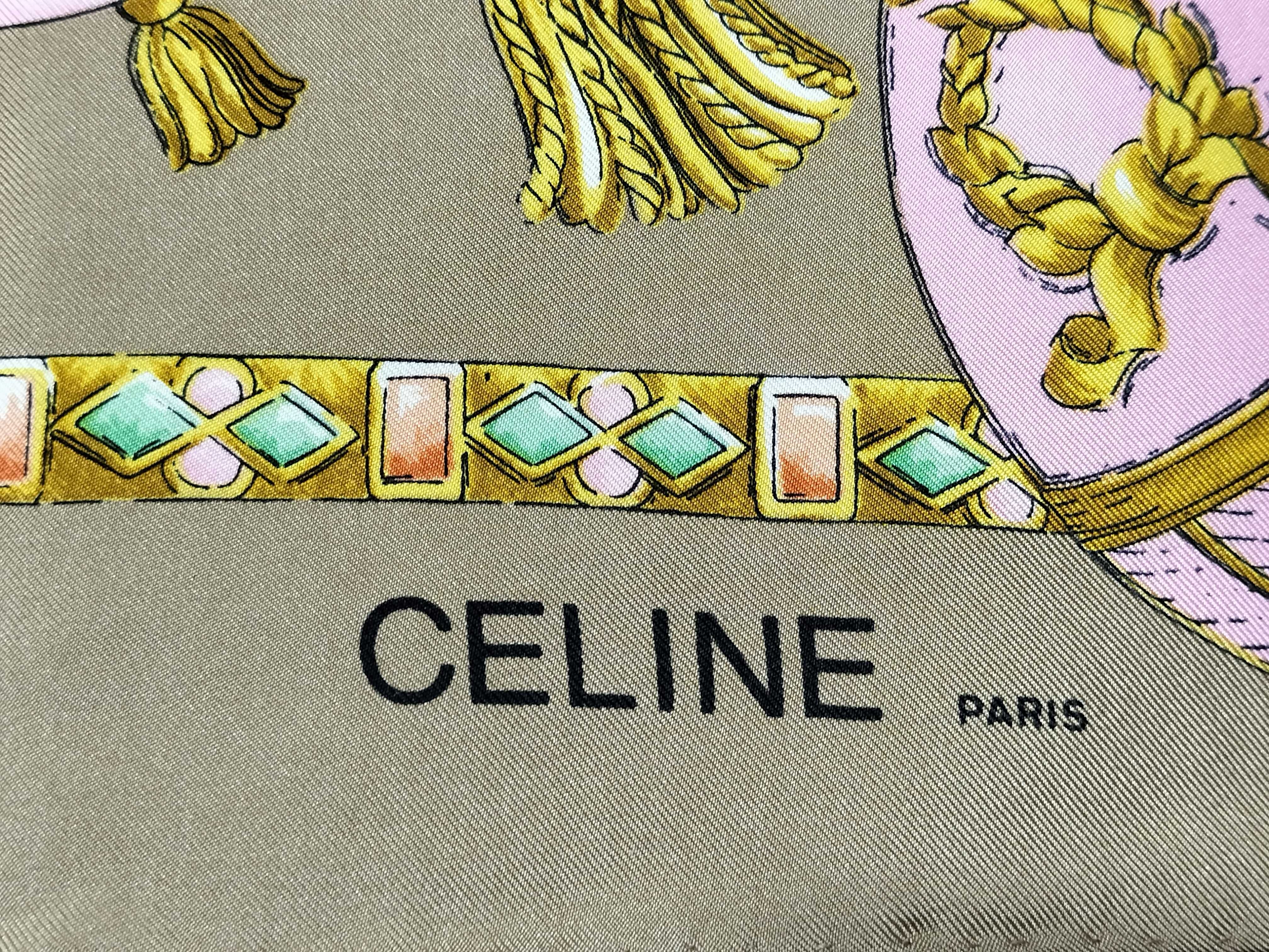 Vintage Celine Paris Silk Scarf with Jeweled Egg and Ribbon Motif
