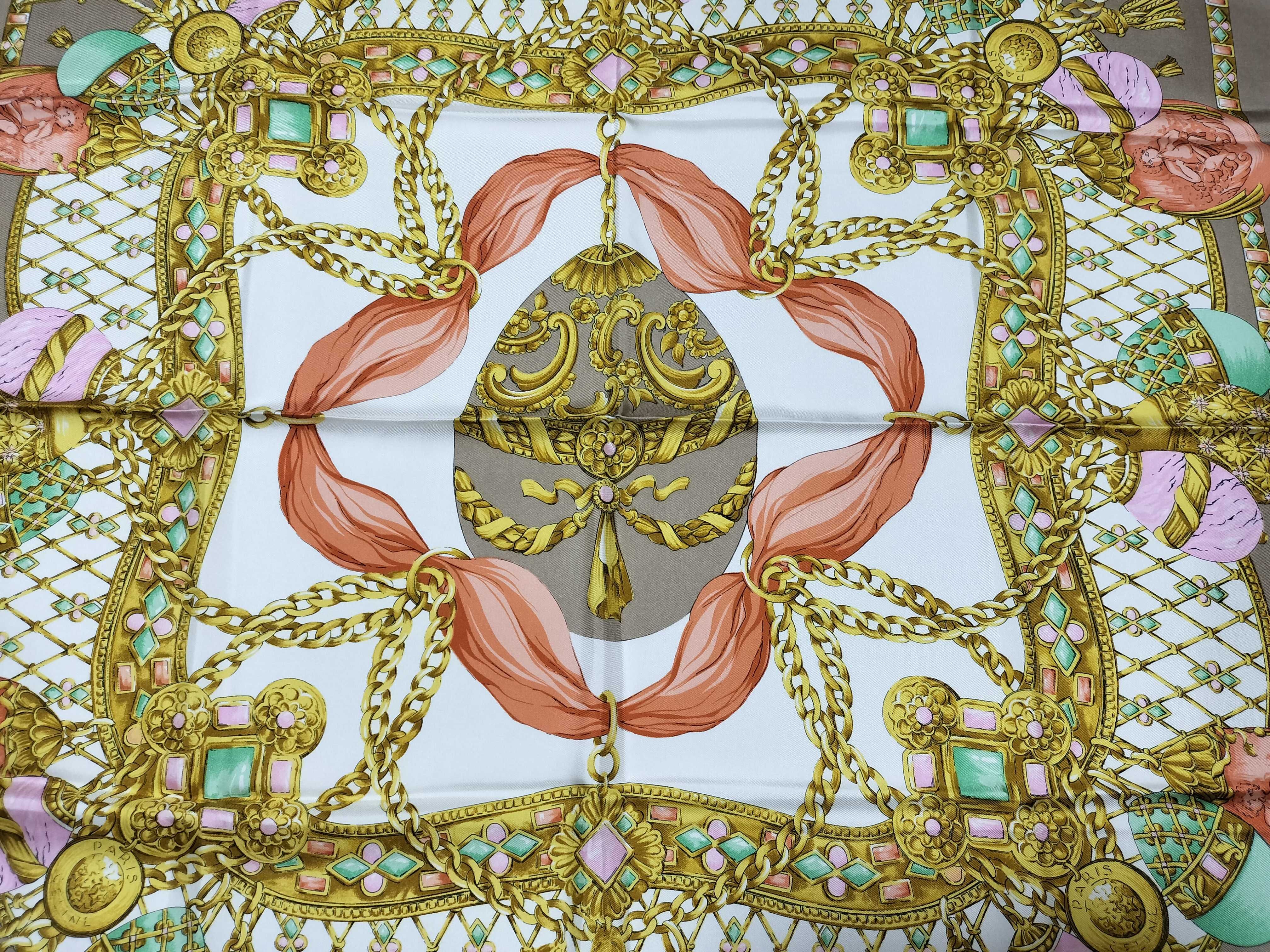Vintage Celine Paris Silk Scarf with Jeweled Egg and Ribbon Motif