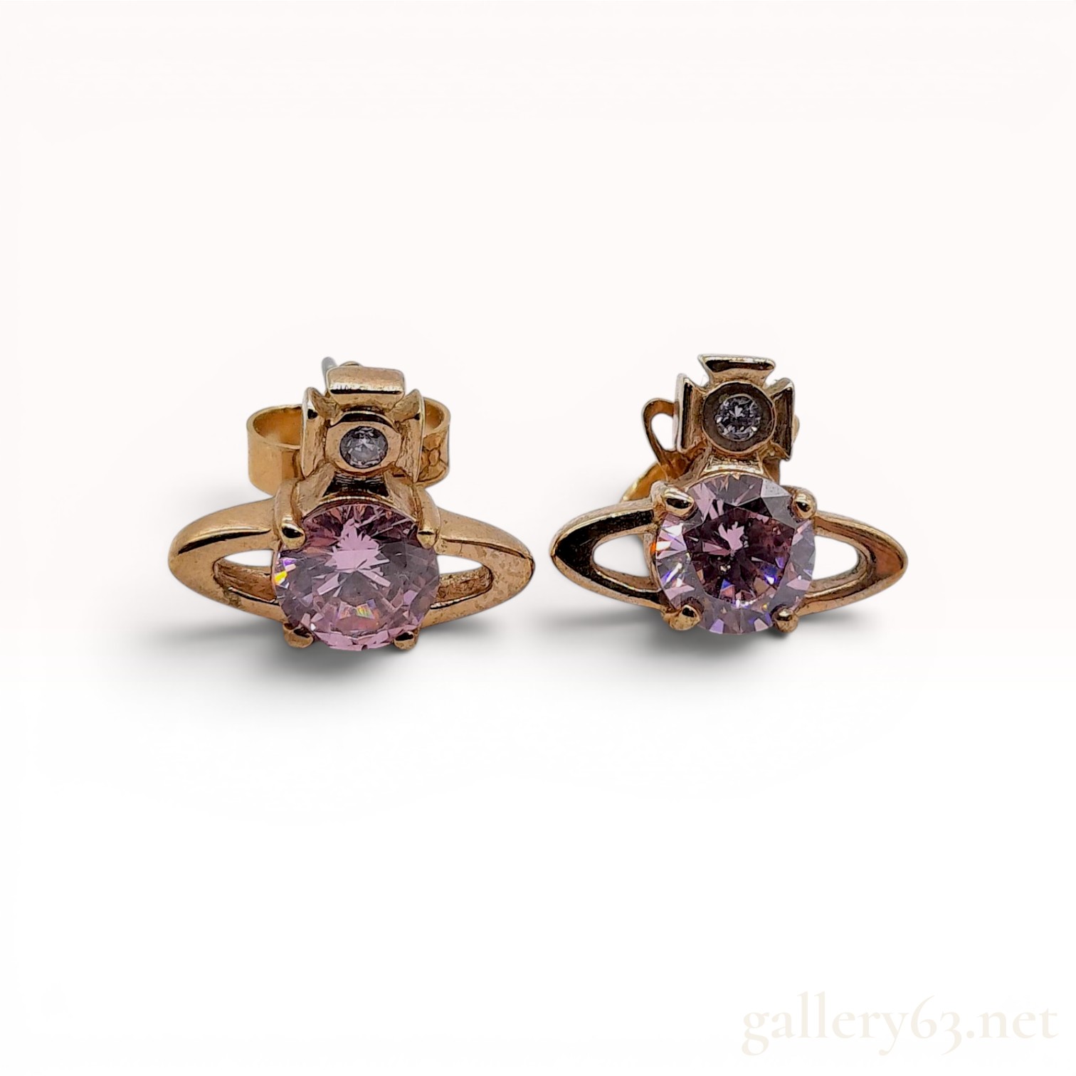 A Pair of Vivienne Westwood Reina Gold-Toned and Pink Crystal Stud Earrings with Box