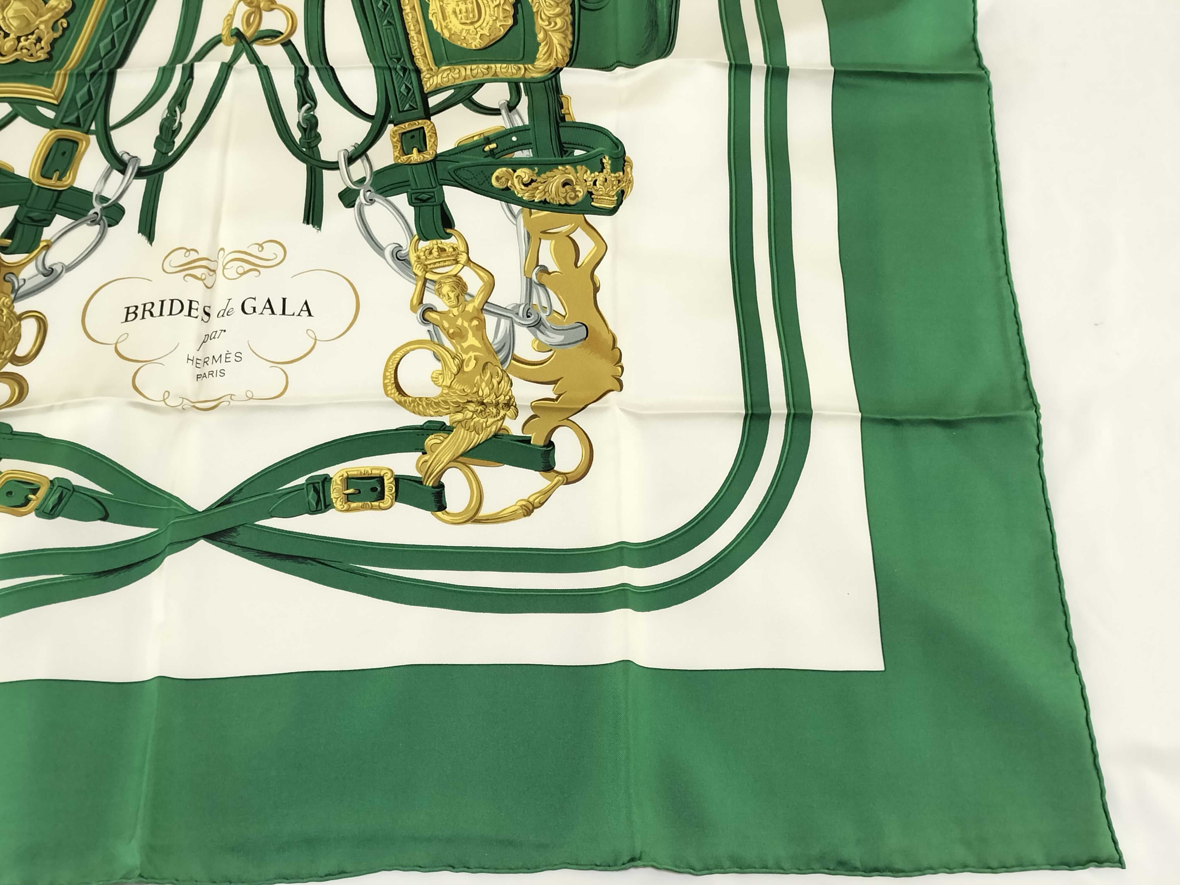 Hermes Brides de Gala Silk Scarf in Forest Green and White