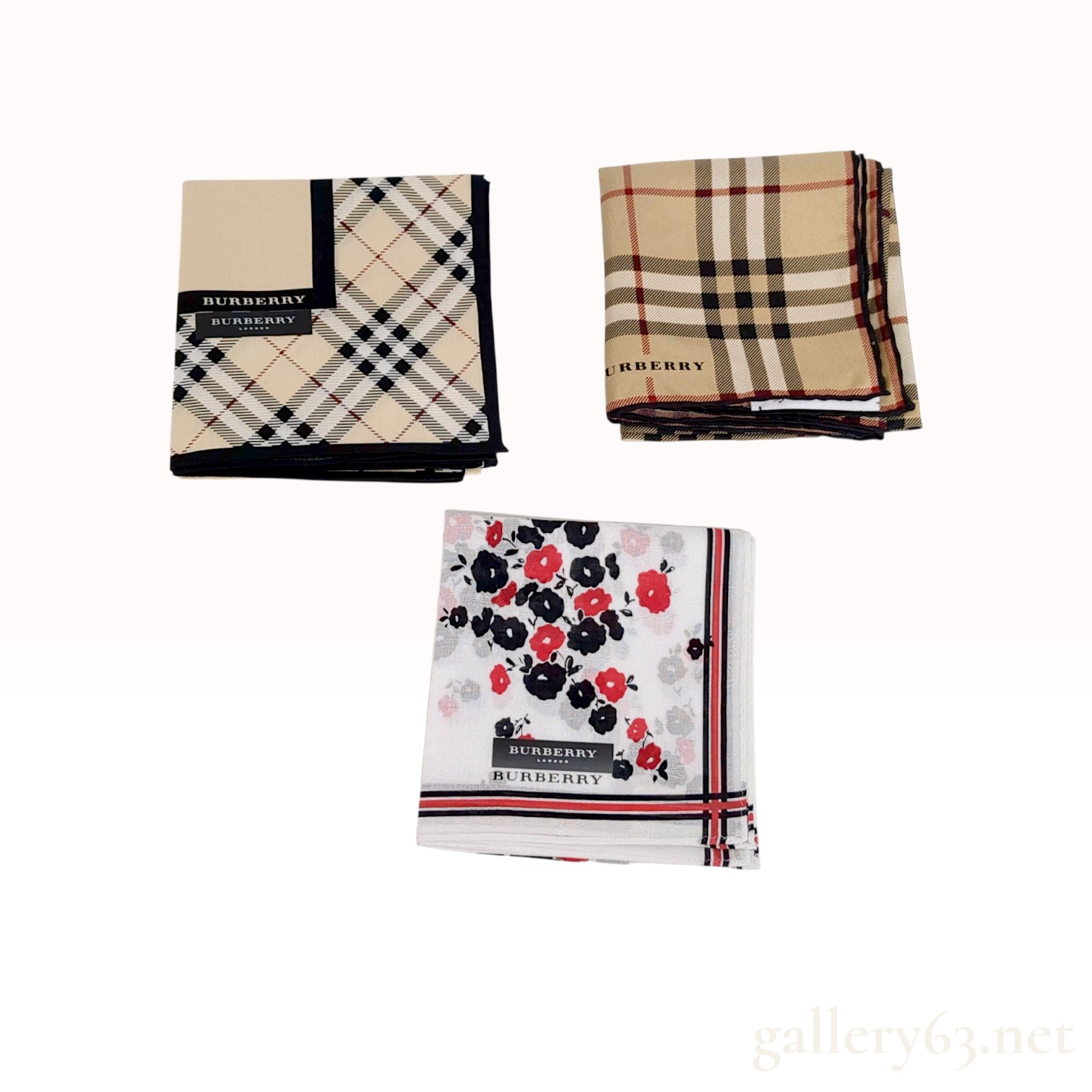 Three Burberry Designer Handkerchiefs or Pocket Squares