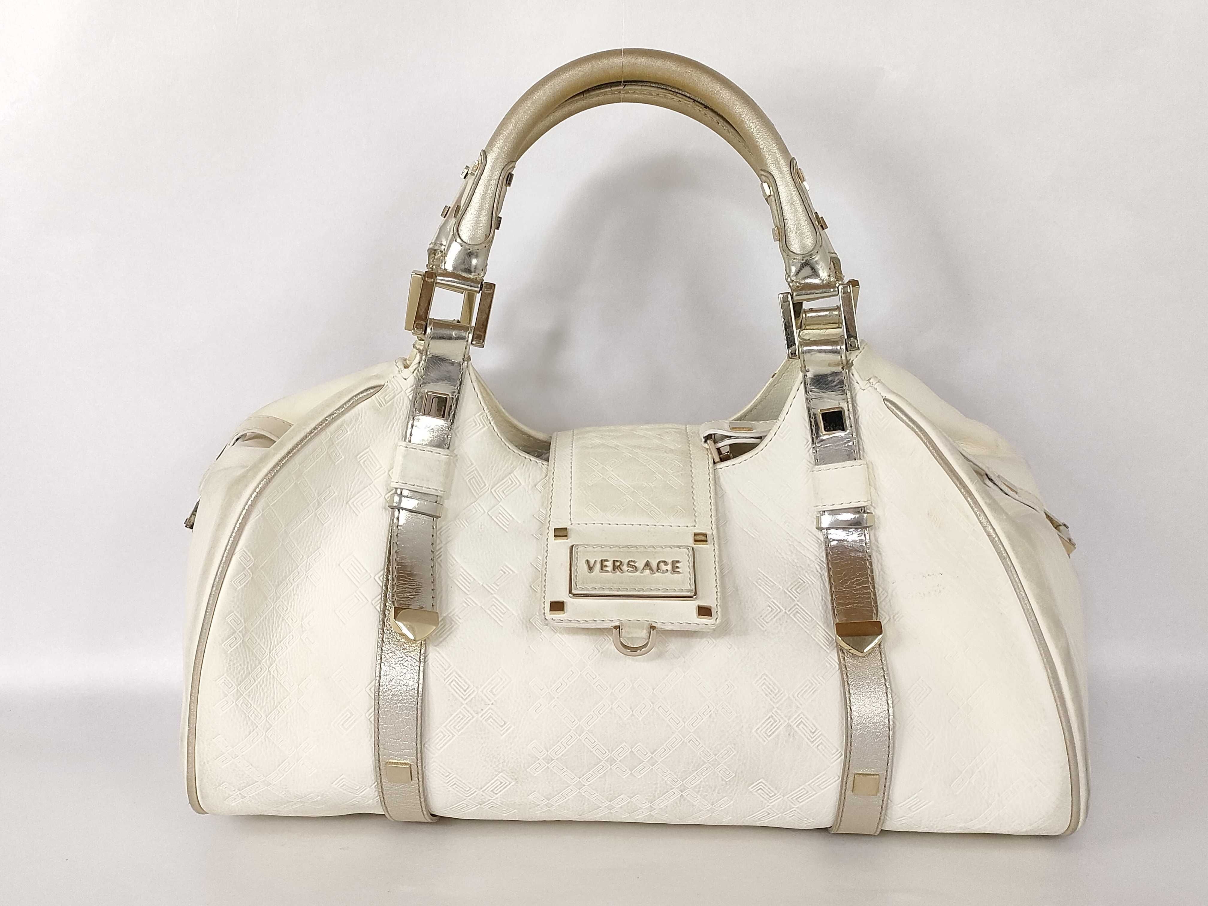 A/W 2005 Versace White Embossed Greca Leather Madonna Snap Out Of It Satchel