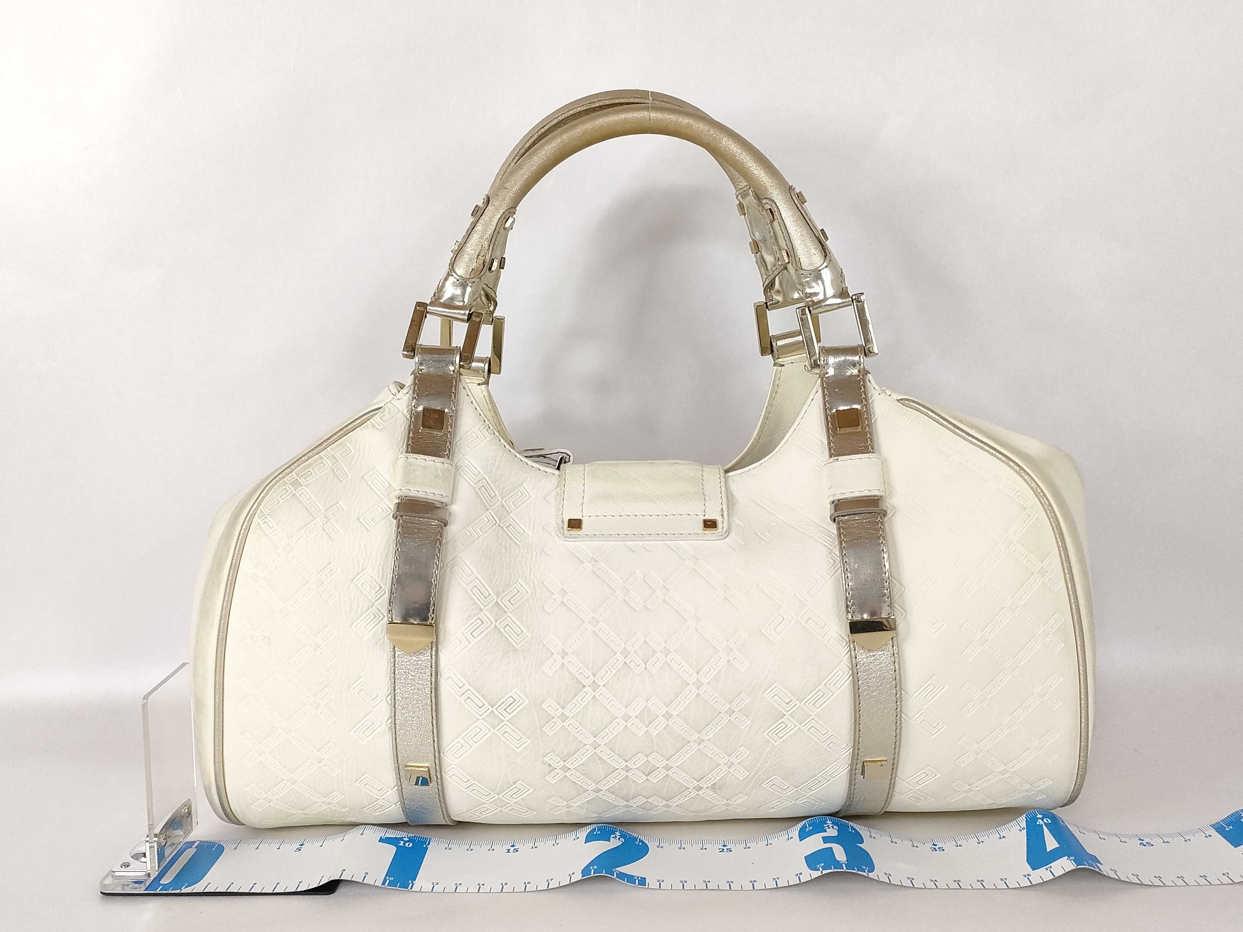 A/W 2005 Versace White Embossed Greca Leather Madonna Snap Out Of It Satchel