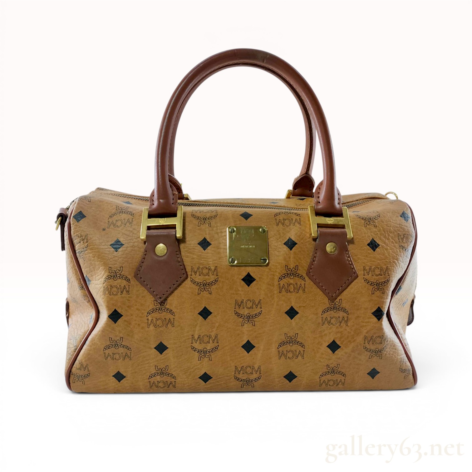 MCM Cognac Visetos Monogram Coated Canvas Boston Bag
