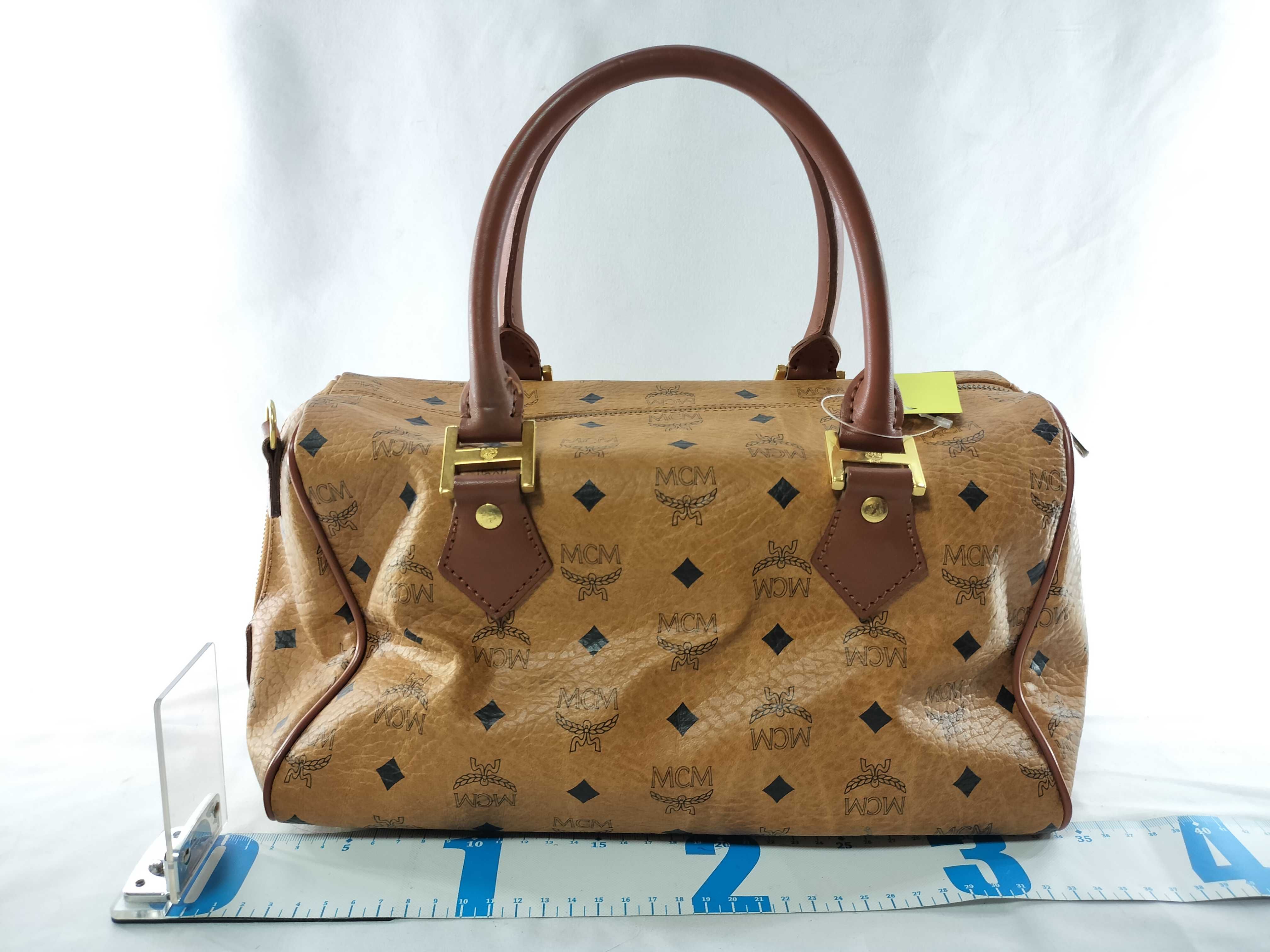 MCM Cognac Visetos Monogram Coated Canvas Boston Bag