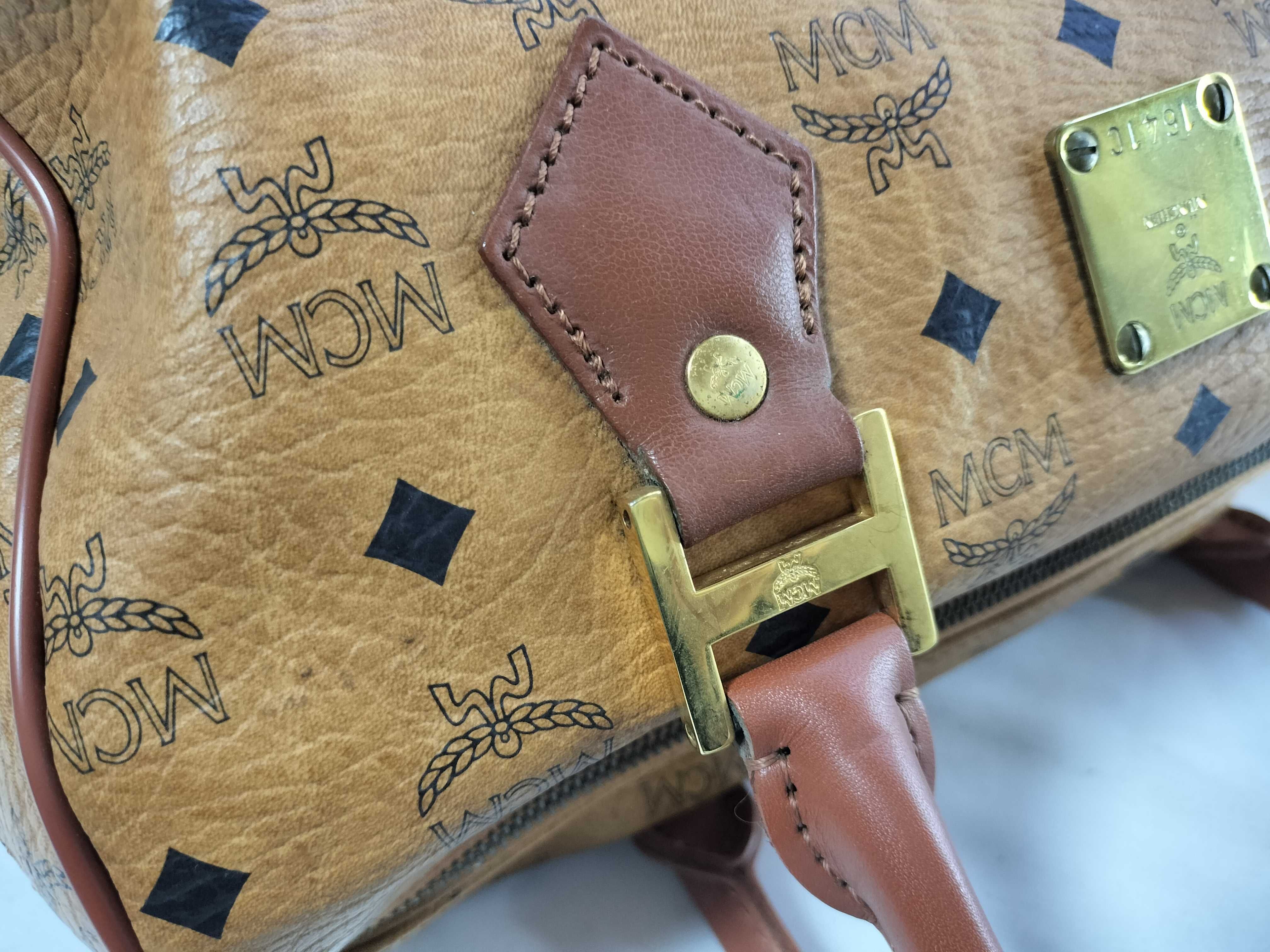 MCM Cognac Visetos Monogram Coated Canvas Boston Bag