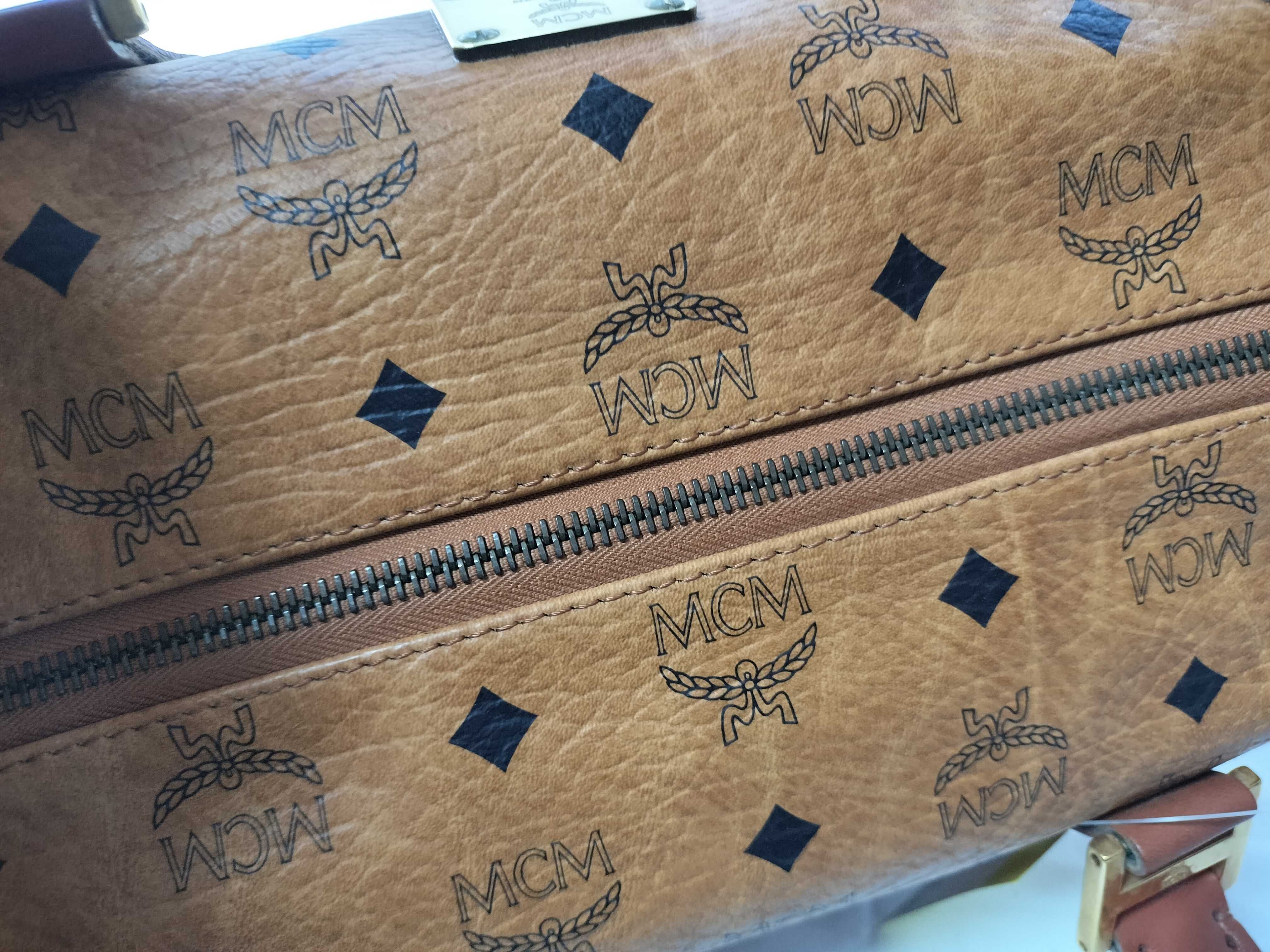 MCM Cognac Visetos Monogram Coated Canvas Boston Bag