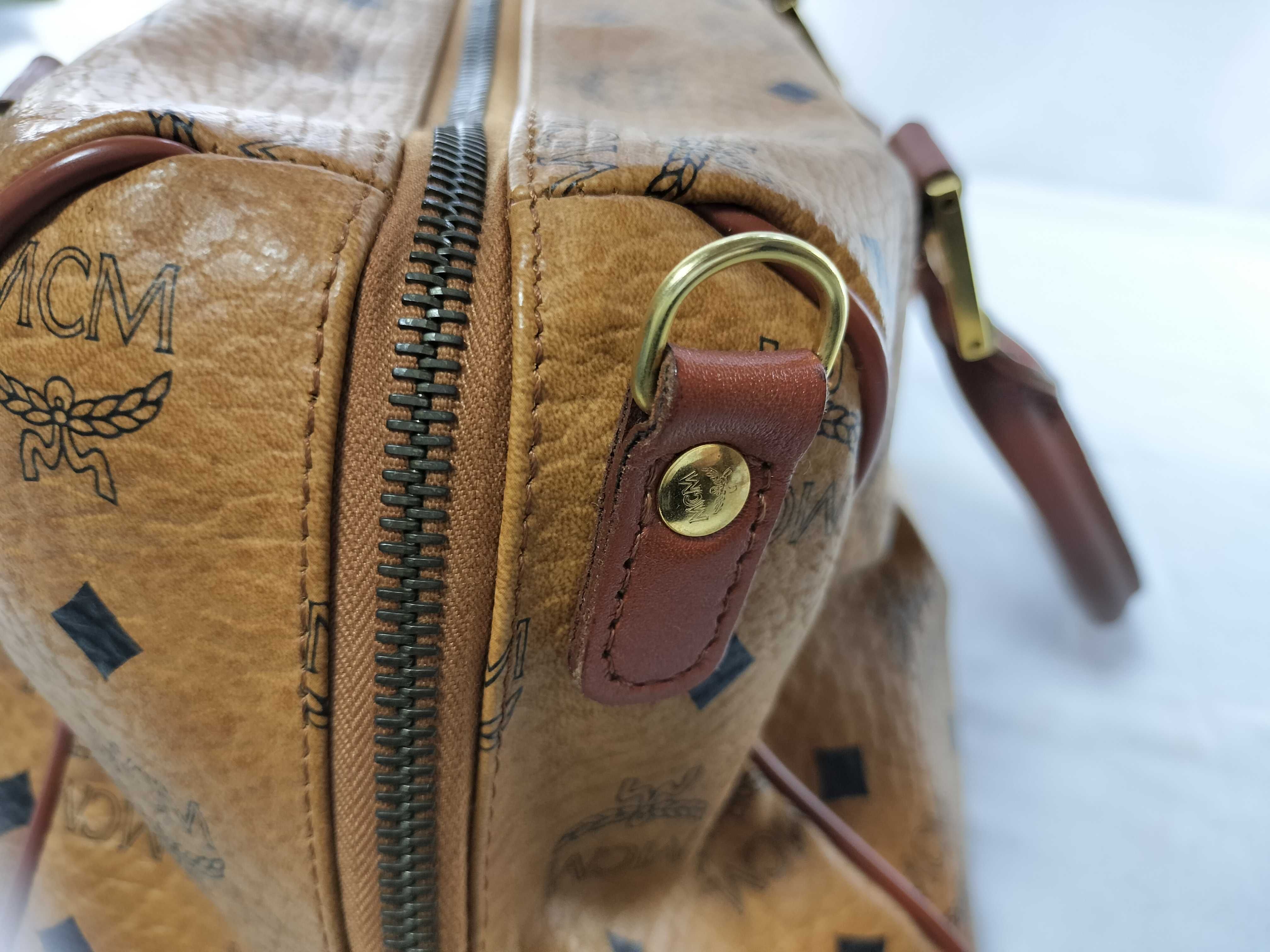 MCM Cognac Visetos Monogram Coated Canvas Boston Bag
