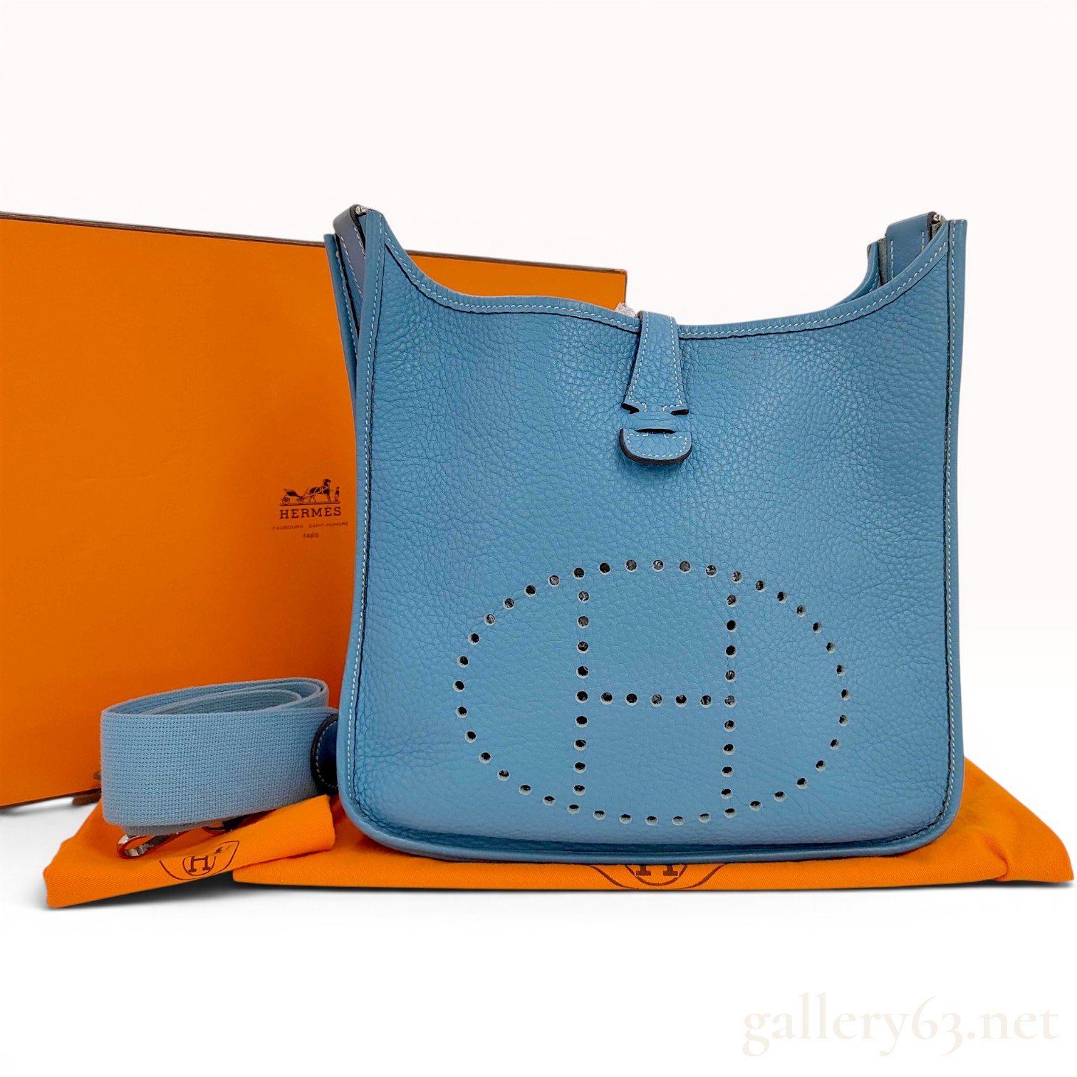Hermes Evelyne 29 Crossbody Bag in Blue Jean Clemence Leather with Box