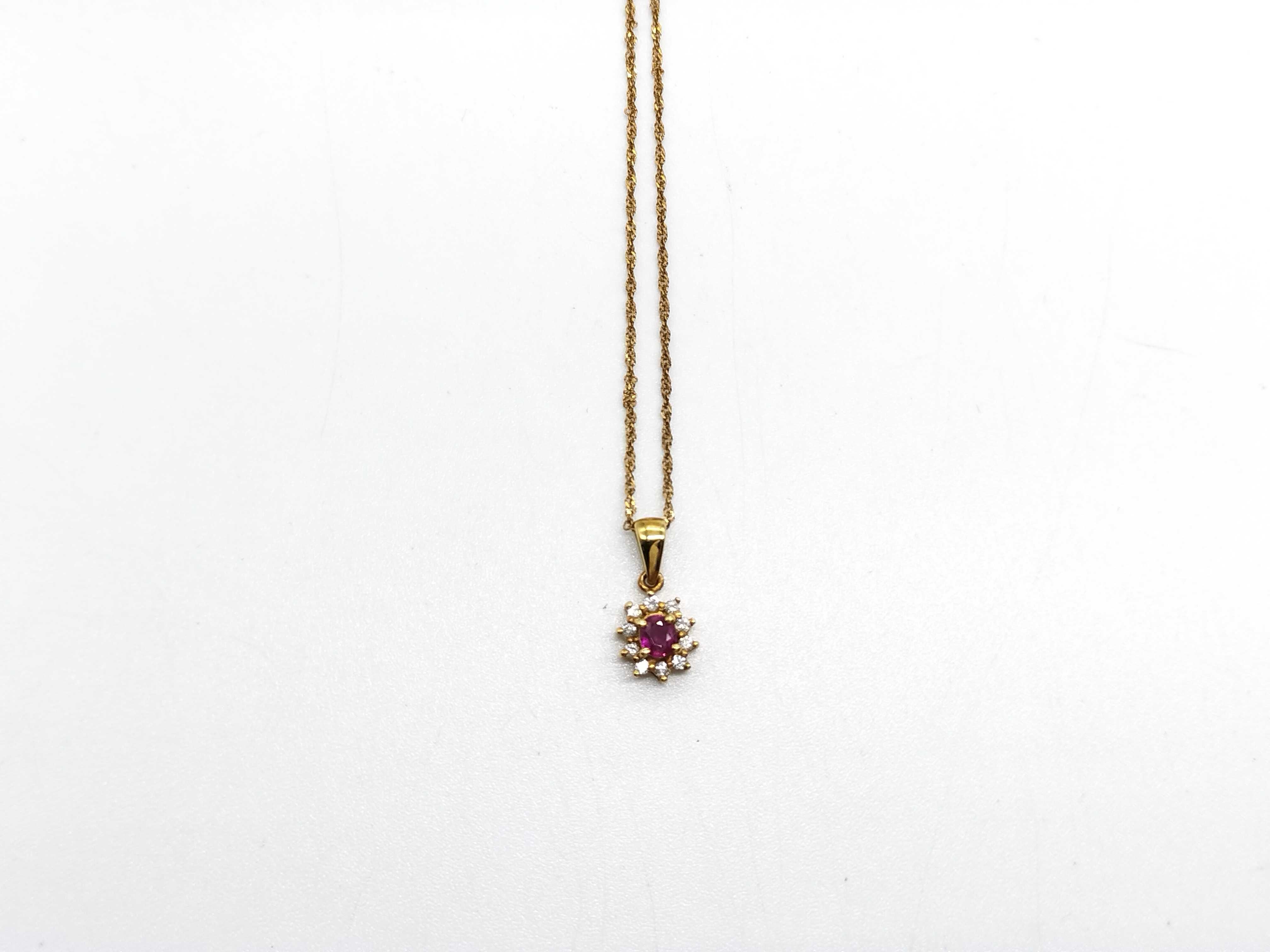18K Yellow Gold Ruby and Diamond Halo Pendant Necklace