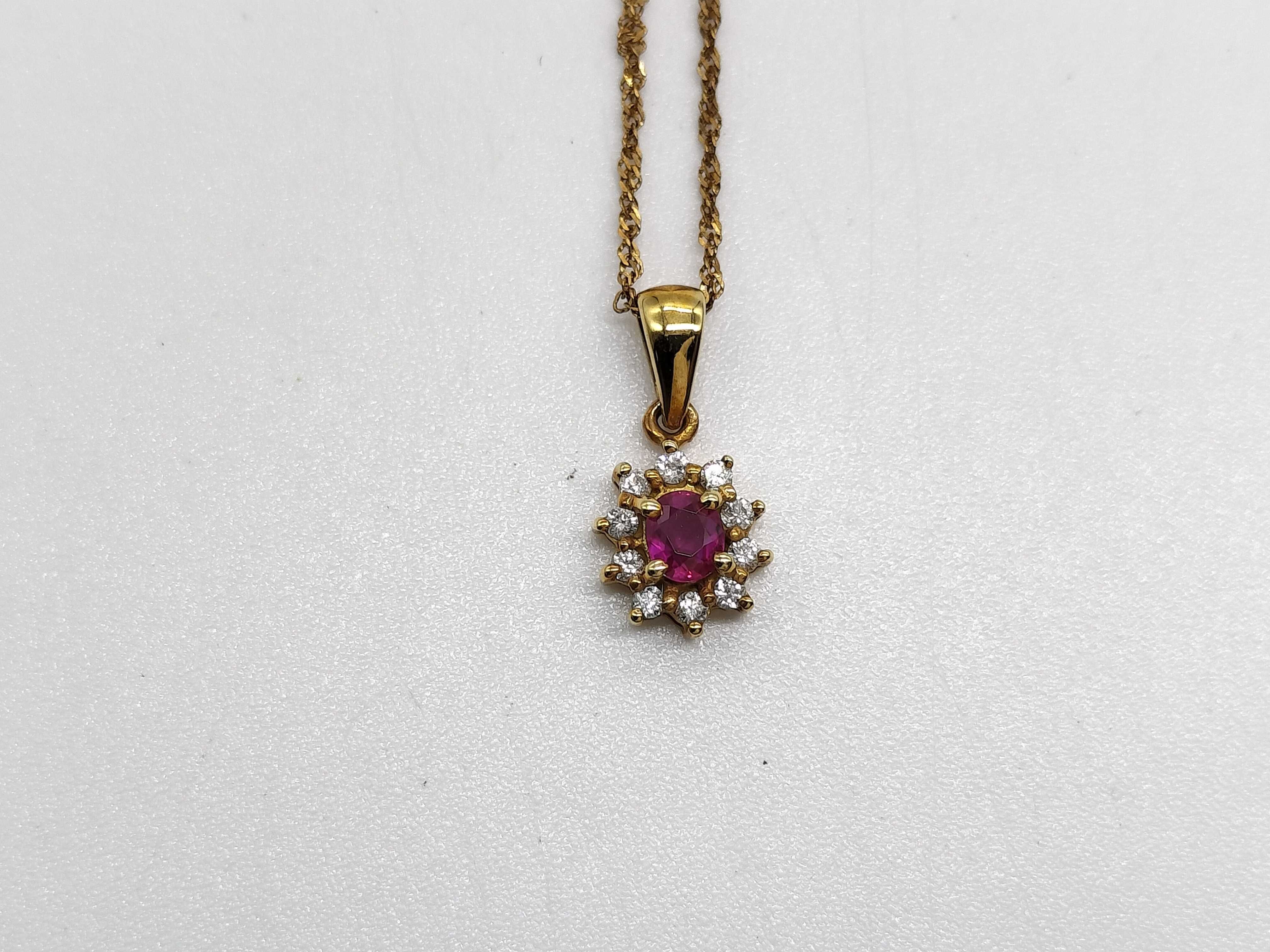 18K Yellow Gold Ruby and Diamond Halo Pendant Necklace