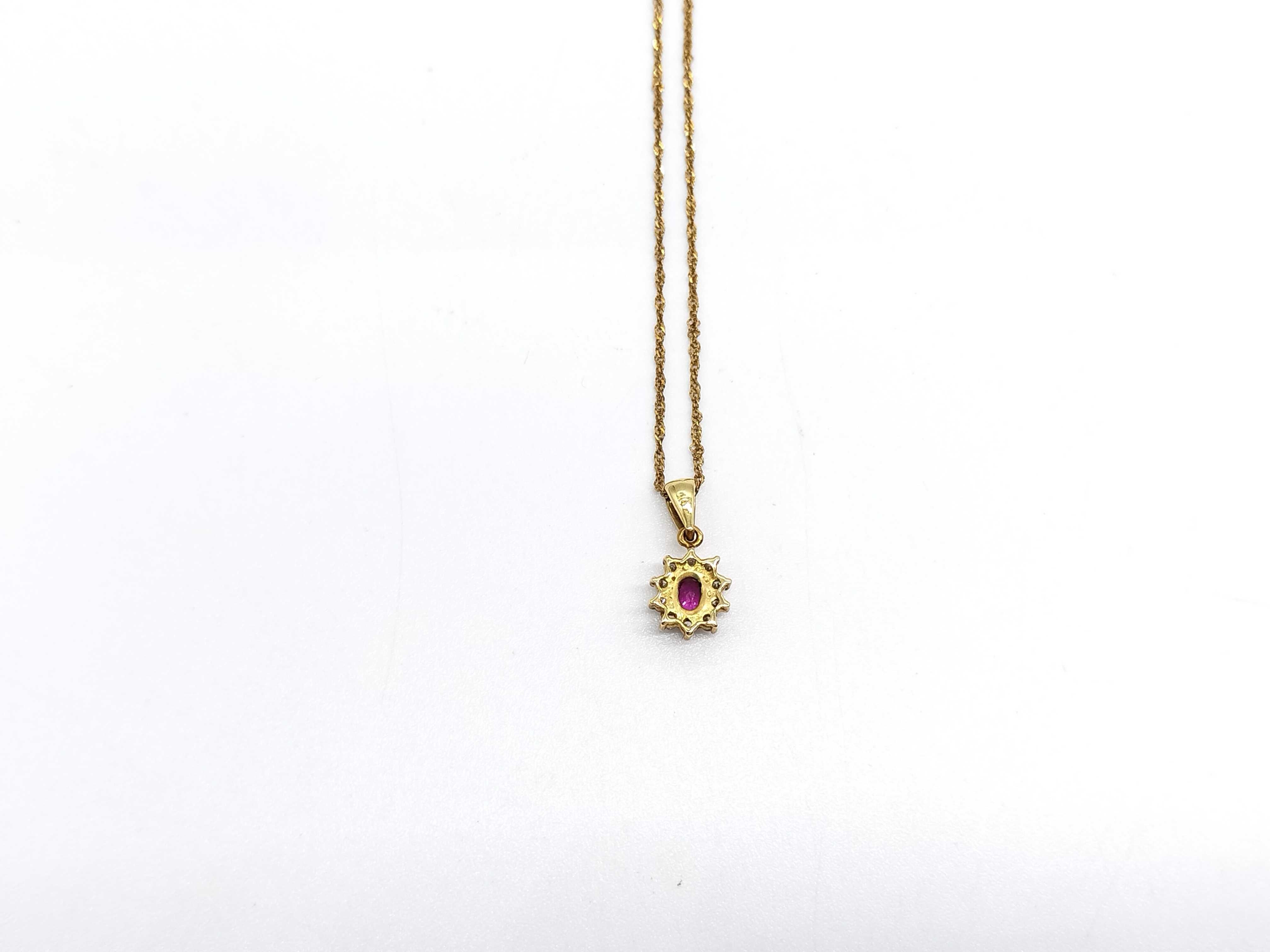 18K Yellow Gold Ruby and Diamond Halo Pendant Necklace