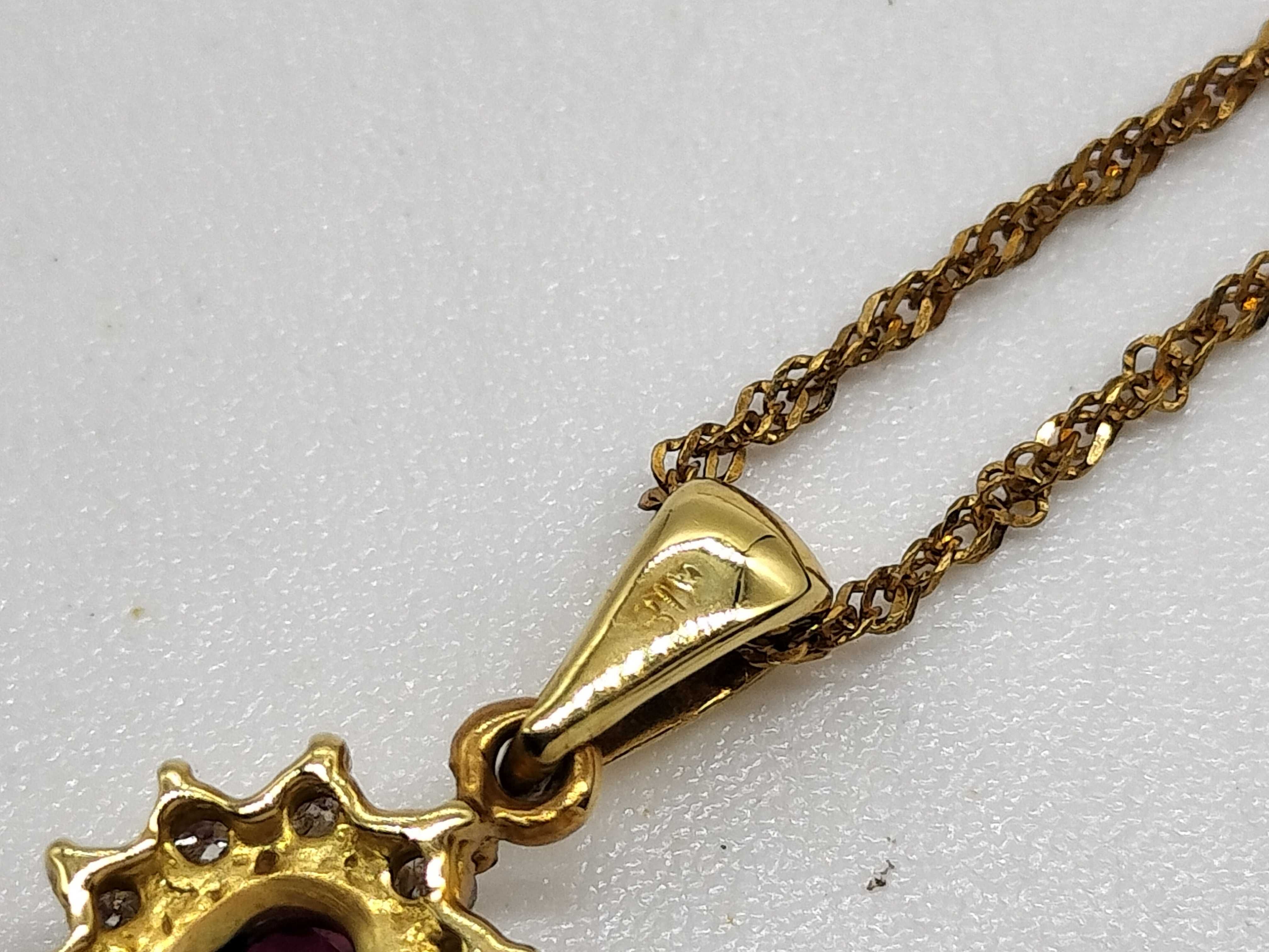 18K Yellow Gold Ruby and Diamond Halo Pendant Necklace