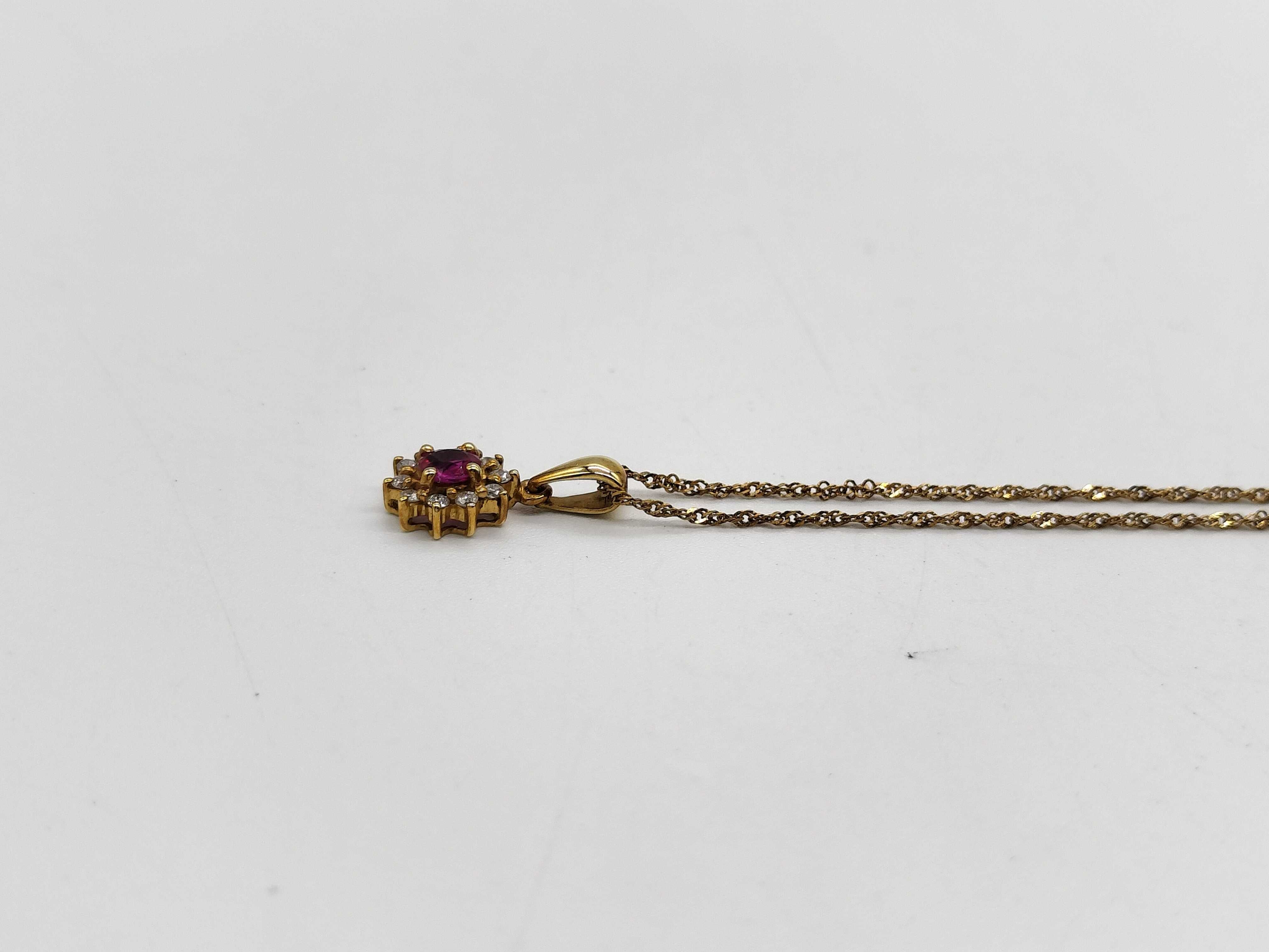 18K Yellow Gold Ruby and Diamond Halo Pendant Necklace