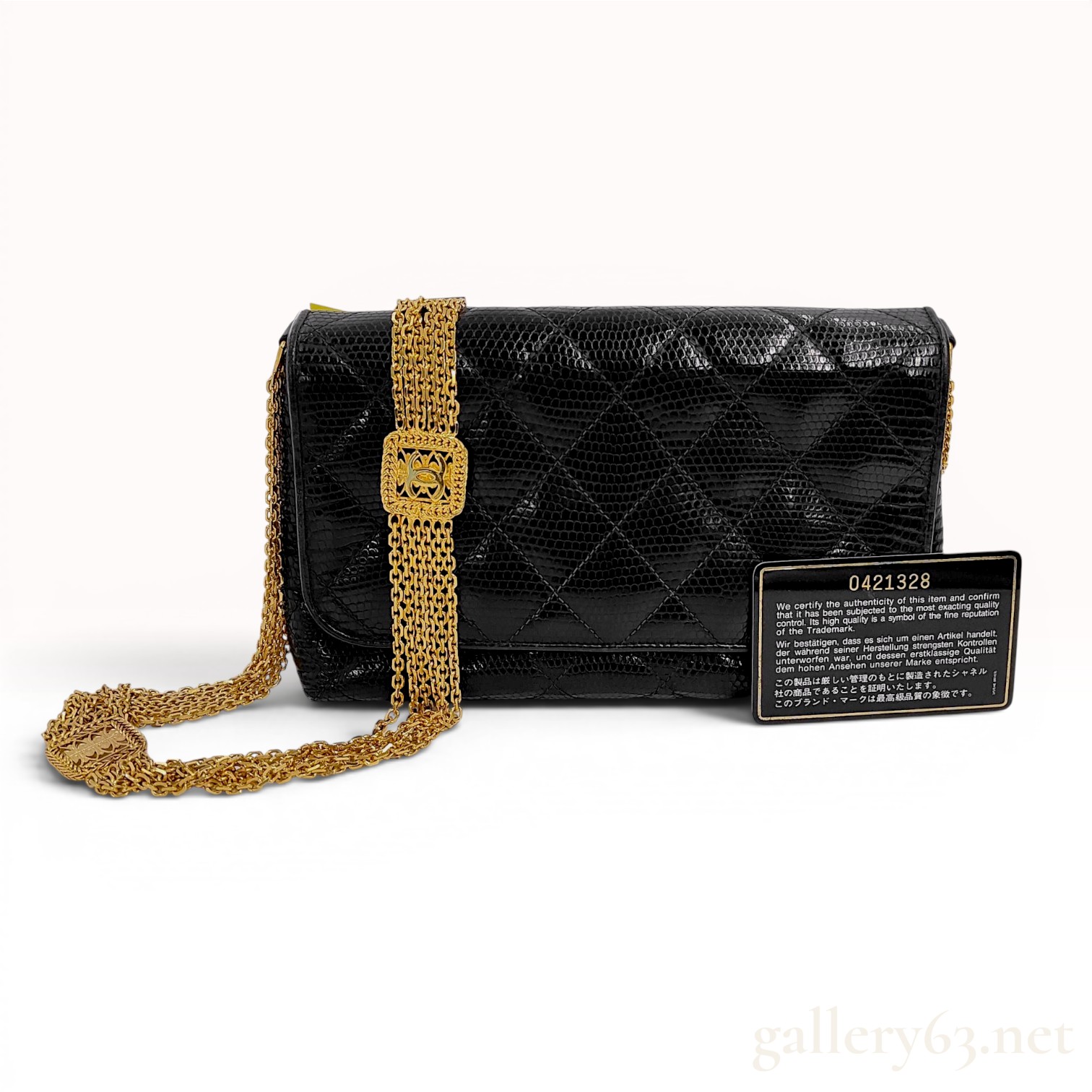 An Important Chanel Vintage Black Quilted Lizard Skin Flap Bag with Multi-Strand Gold-Plated Chain, 0 Series 1984-1986