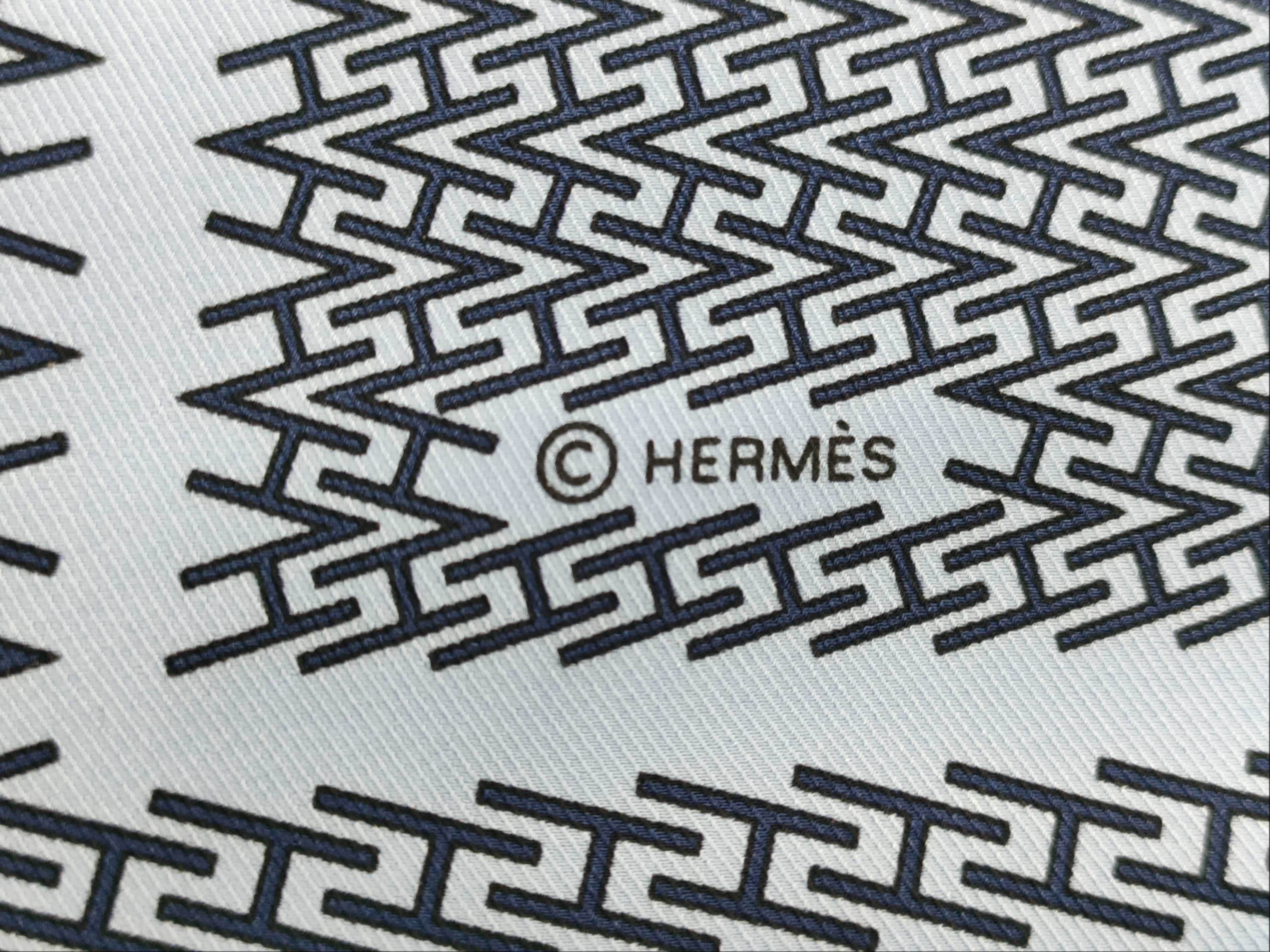 Hermes Silk Twill Pocket Square in Ciel and Marine H Geometric Pattern