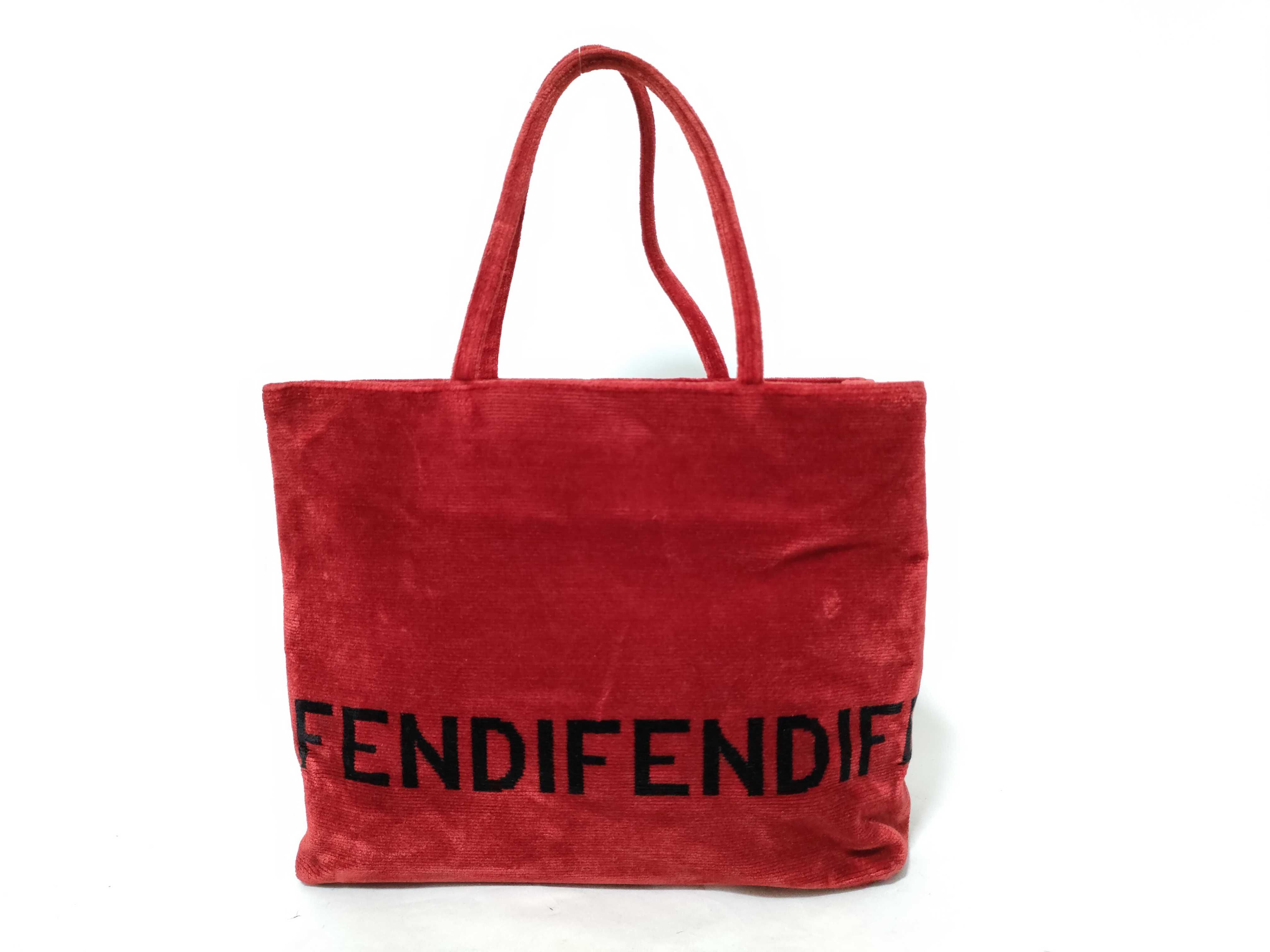 Fendi Red Ribbed Velvet Logo Shopper Tote Bag