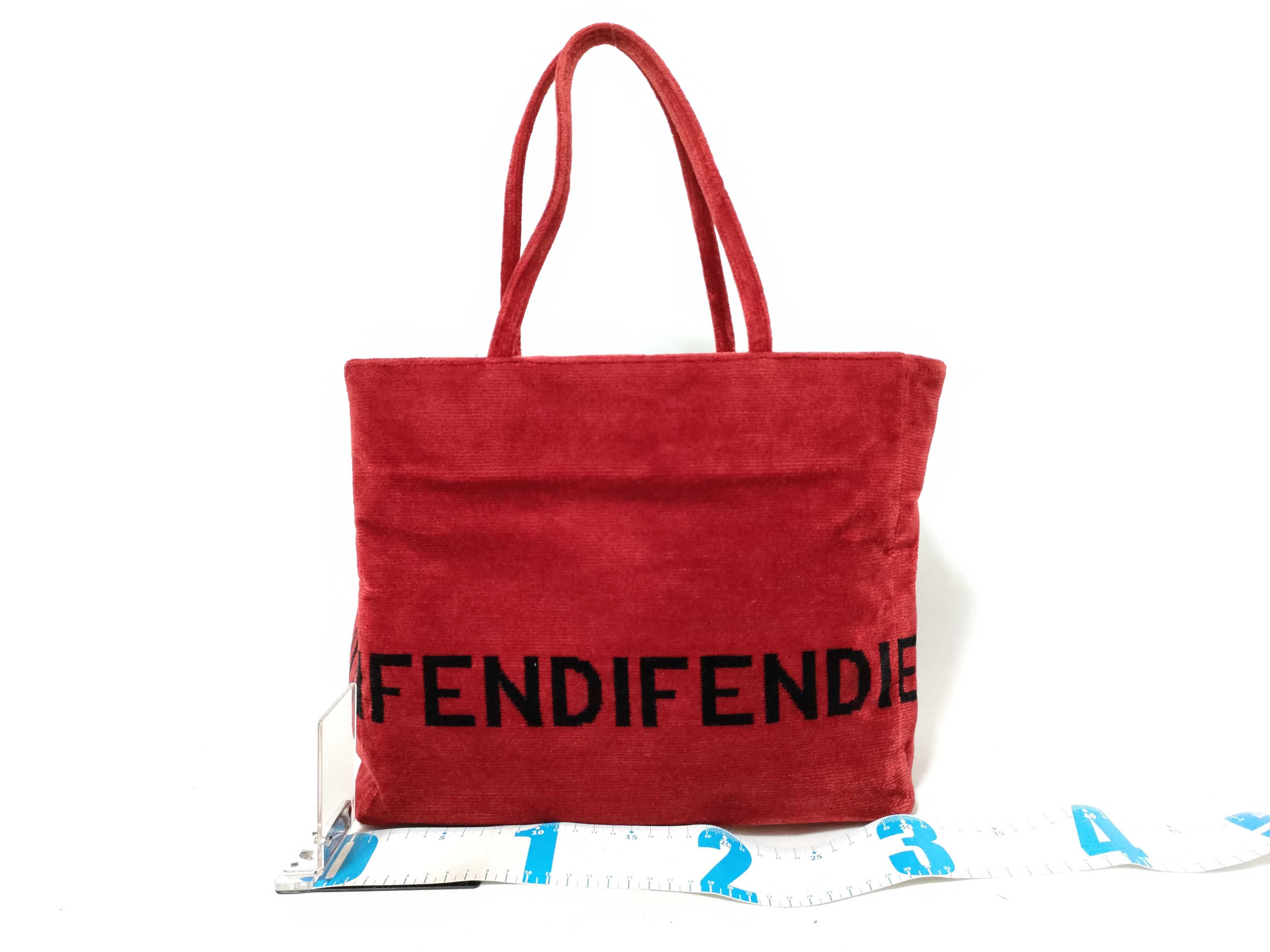 Fendi Red Ribbed Velvet Logo Shopper Tote Bag