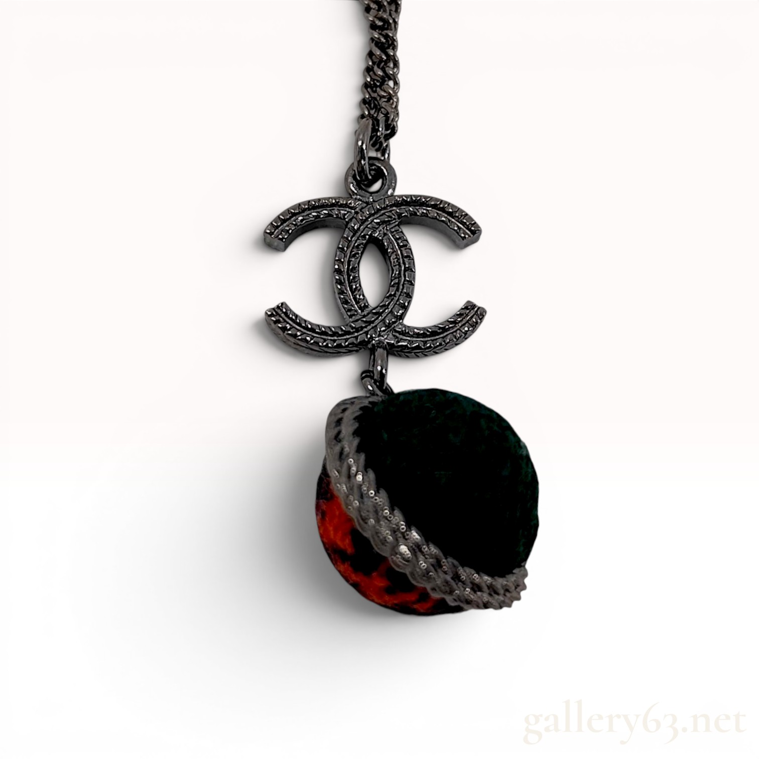 Chanel Gunmetal-Tone Fall 2013 CC Logo and Tweed Ball Necklace