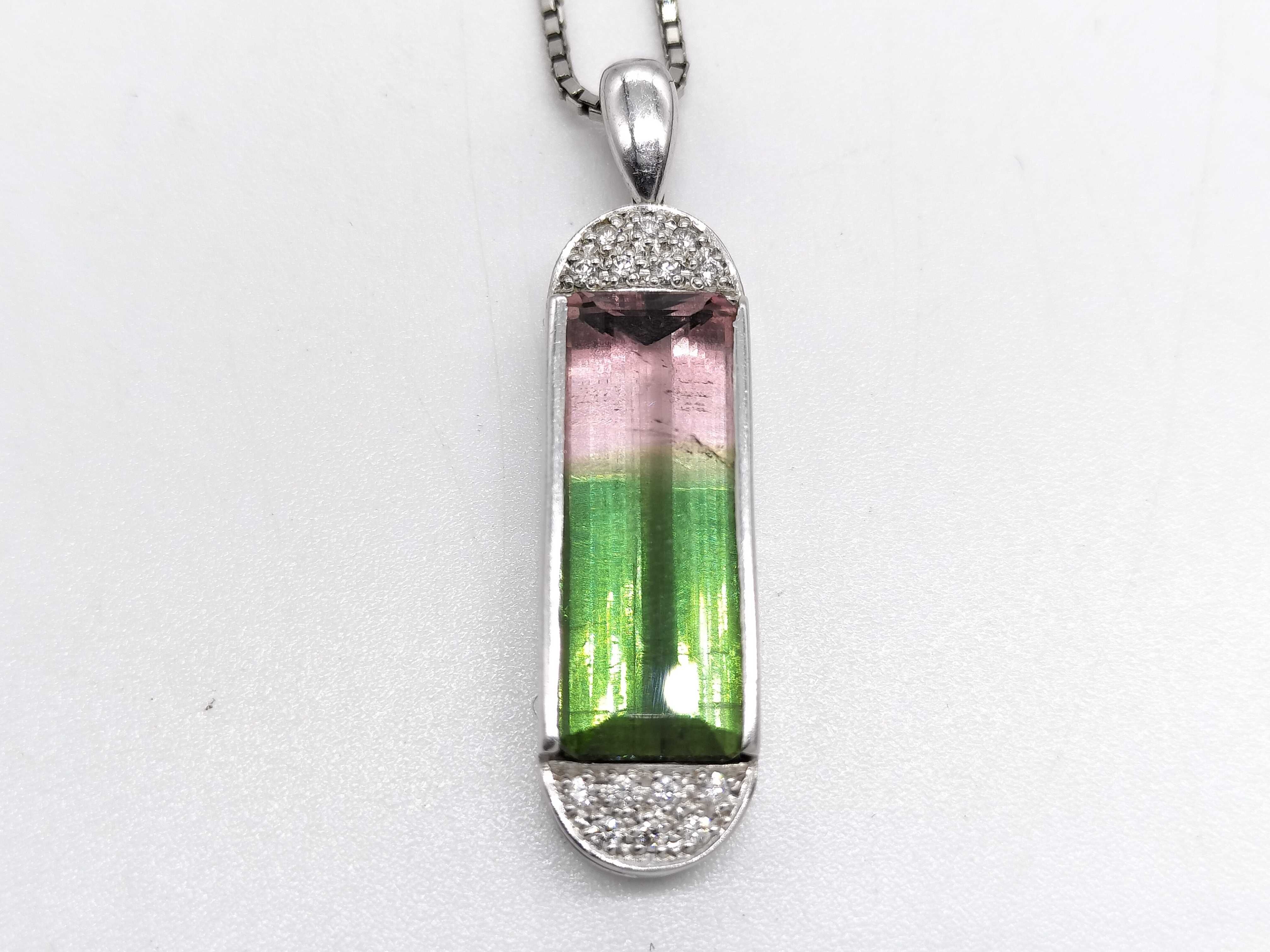 Platinum 6.11ct Bi-Color Tourmaline and Diamond Pendant Necklace