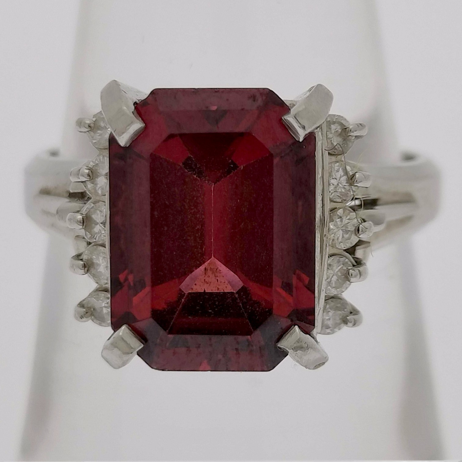 Platinum Emerald-Cut Red Garnet and Diamond Cocktail Ring