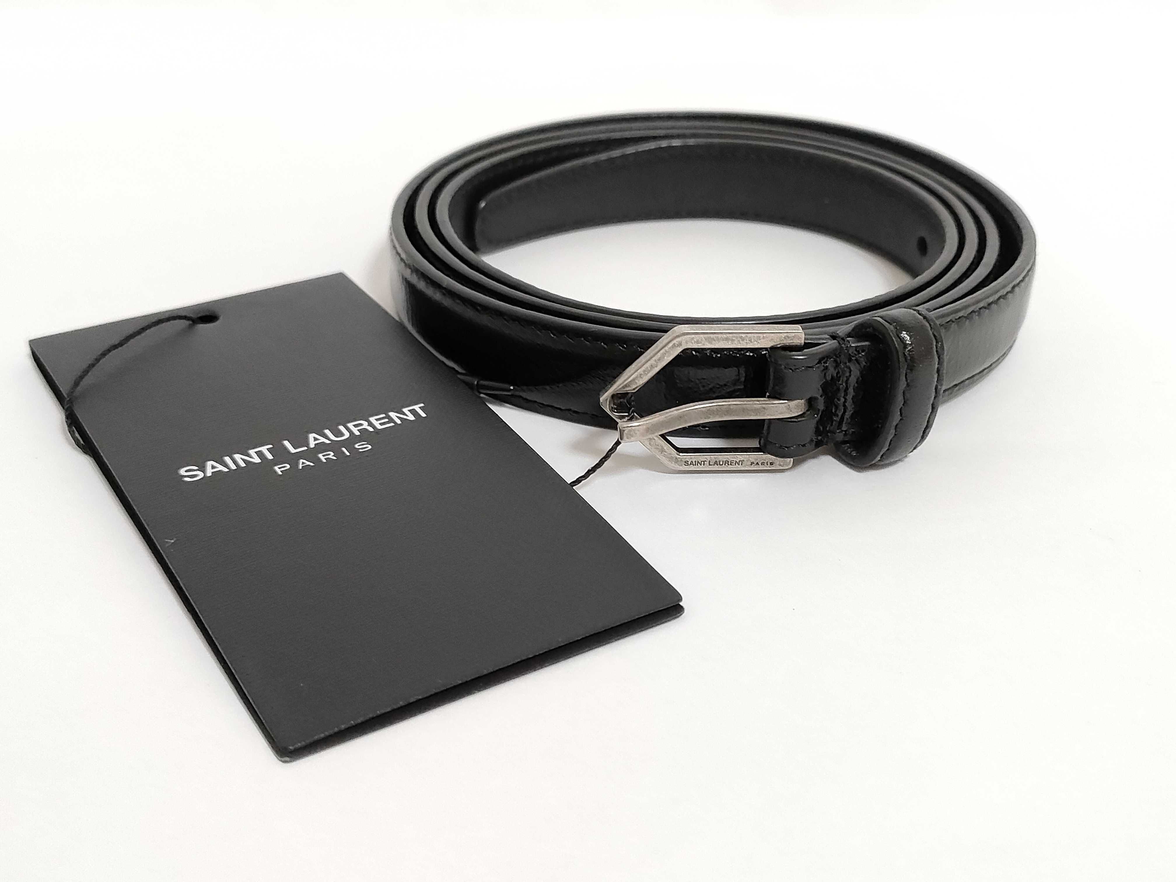 Saint Laurent Paris Narrow Leather Belt with Geometric Buckle